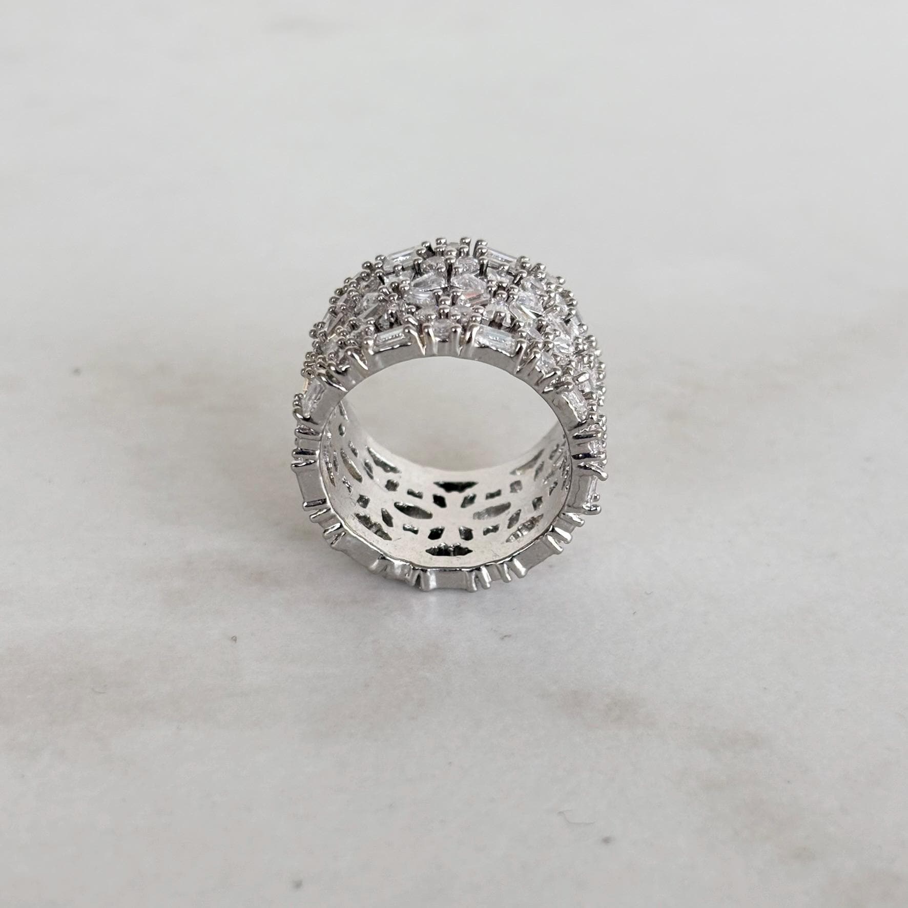 Wide Silver Band Ring with Zircon and Flower Detail