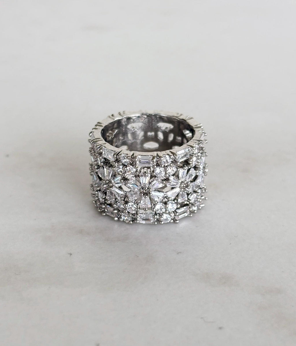 Wide Silver Band Ring with Zircon and Flower Detail