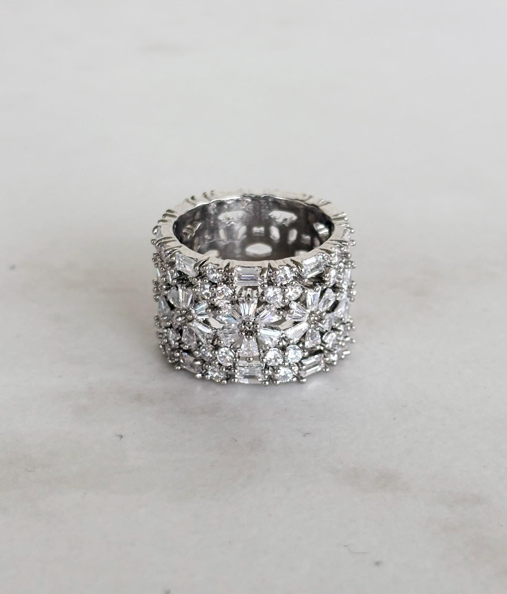 Wide Silver Band Ring with Zircon and Flower Detail