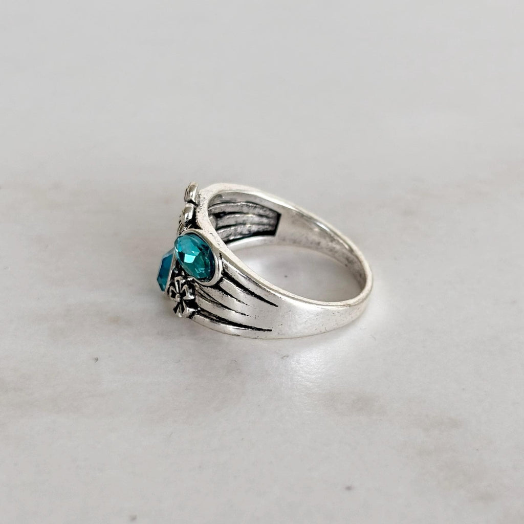 Silver Stacking Ring Blue Crystals and Flower Charm
