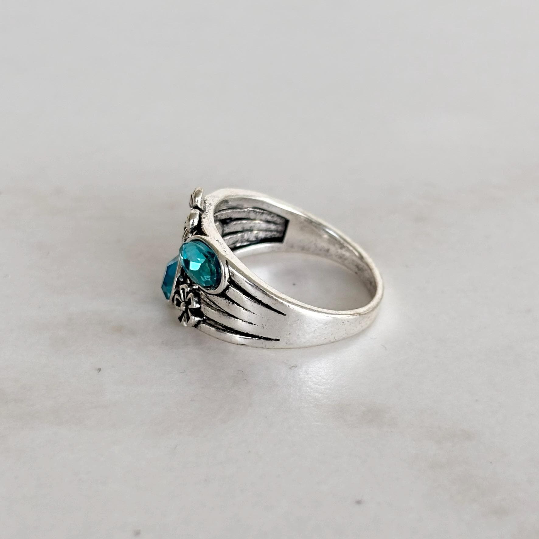 Silver Stacking Ring Blue Crystals and Flower Charm