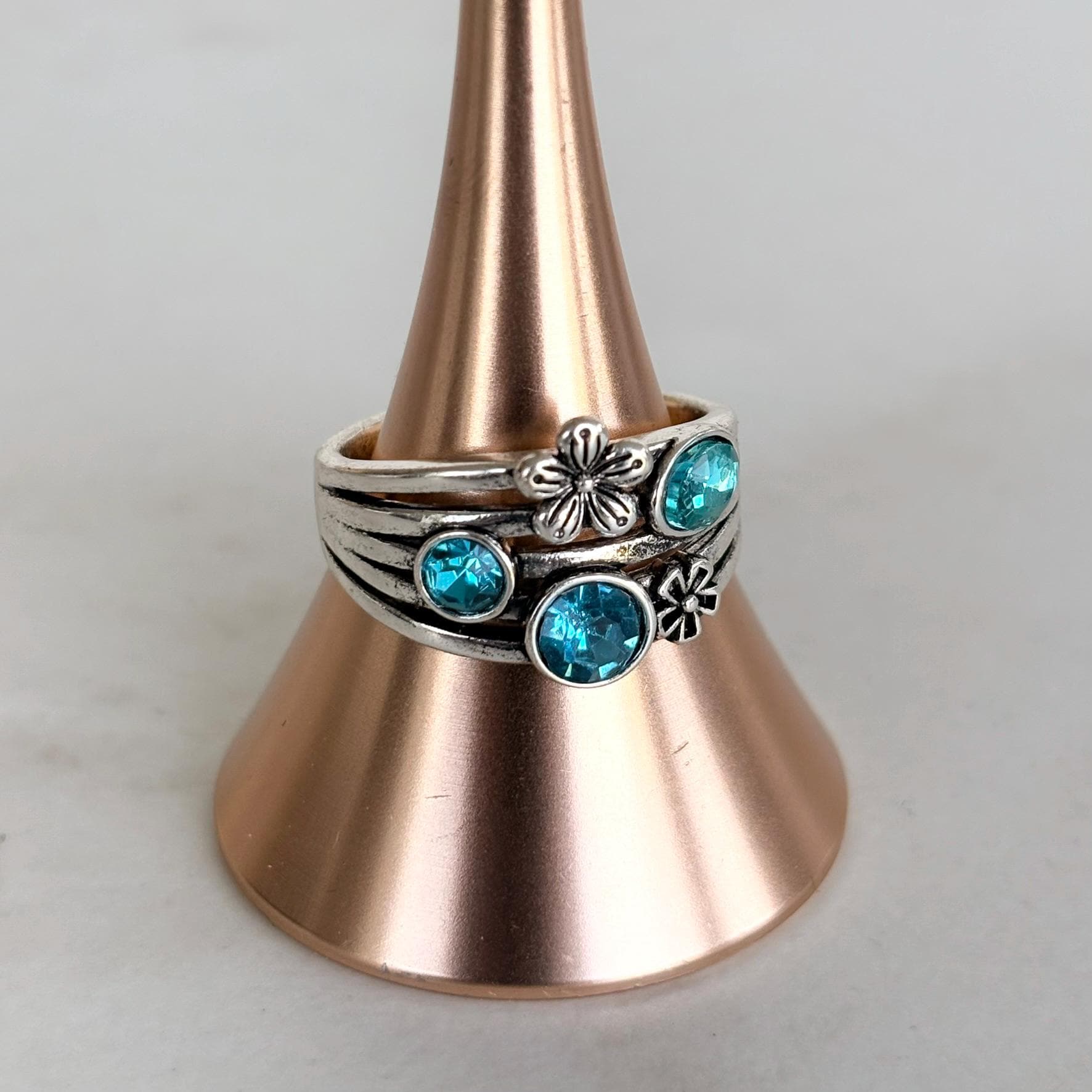 Silver Stacking Ring Blue Crystals and Flower Charm