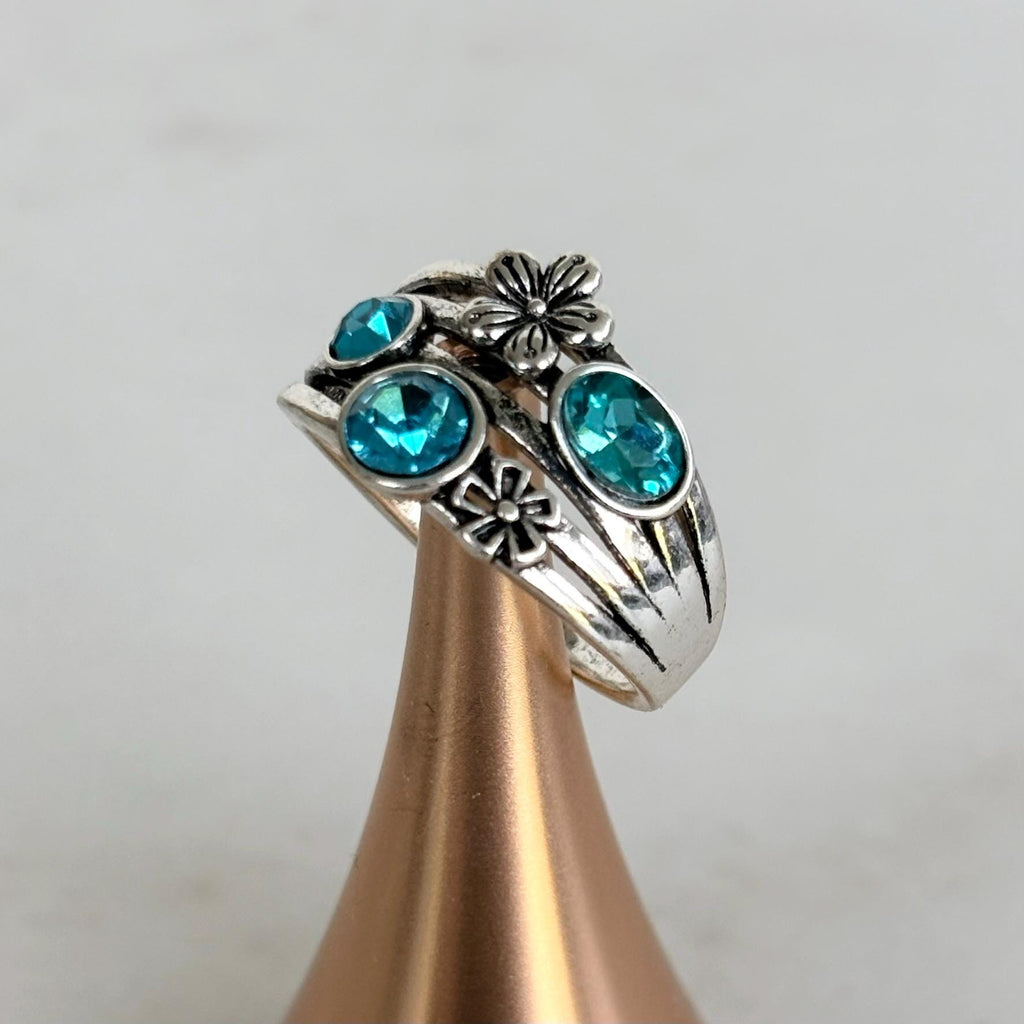 Silver Stacking Ring Blue Crystals and Flower Charm