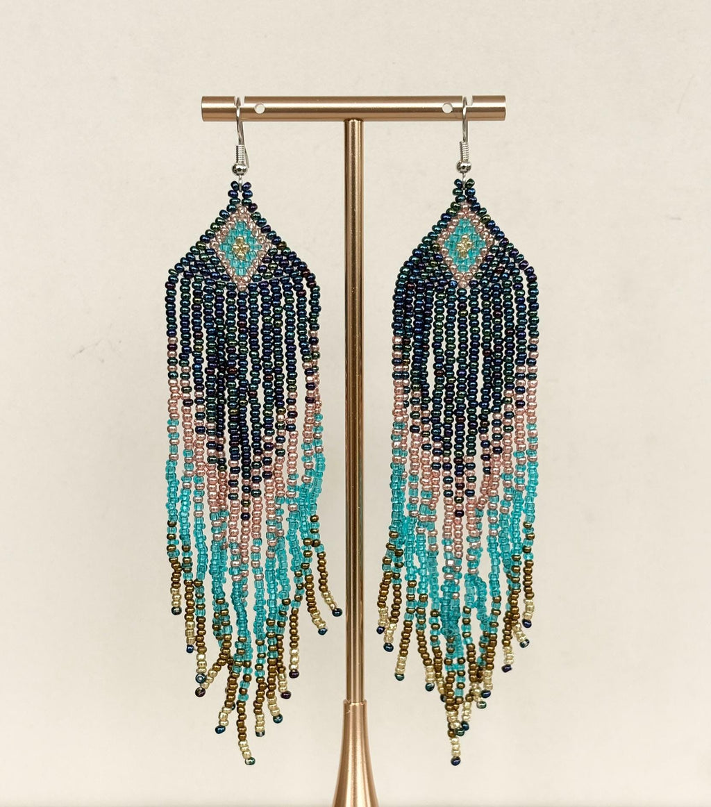 Blue and Turquoise Beaded Tassel Earrings