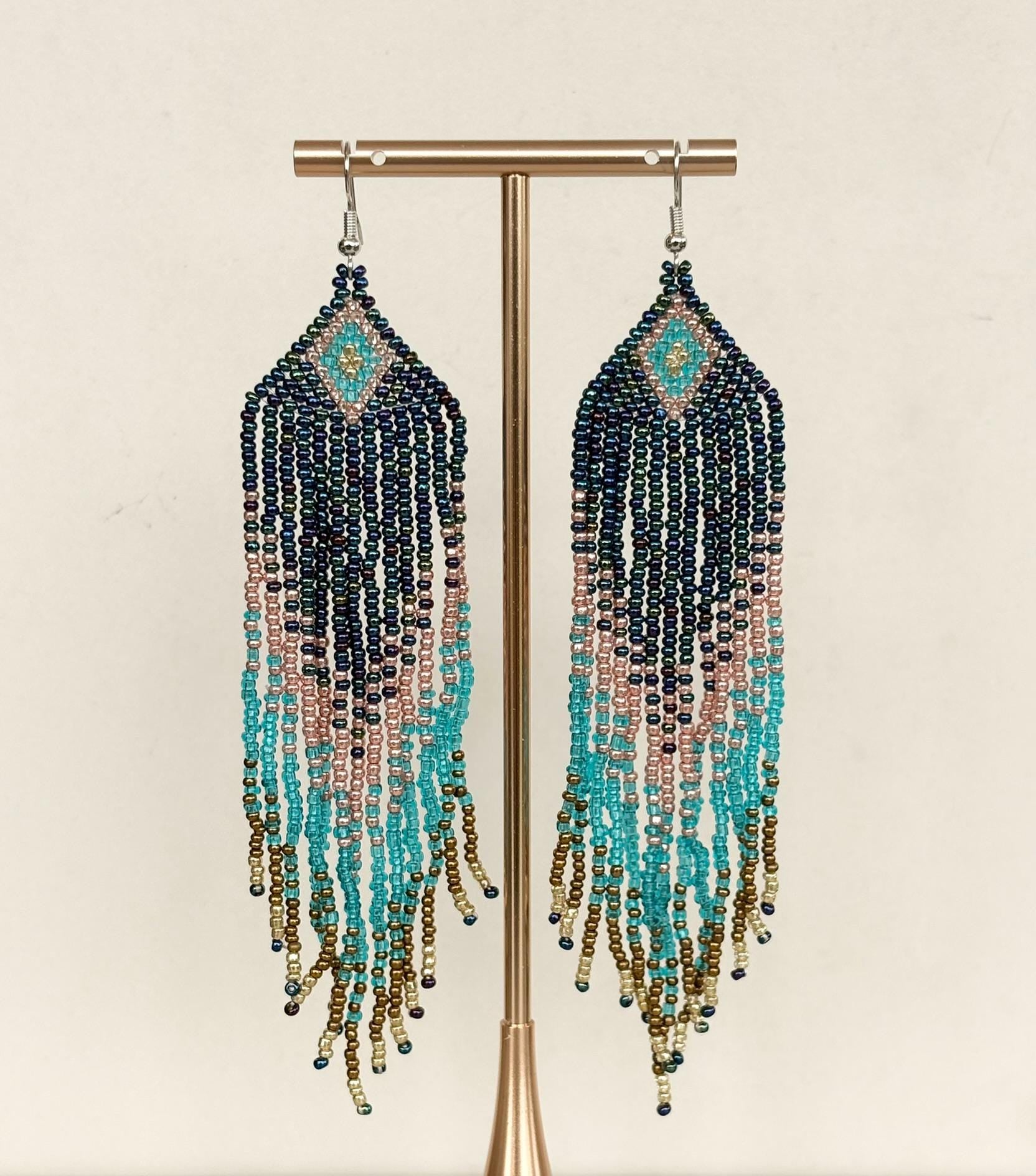 Blue and Turquoise Beaded Tassel Earrings