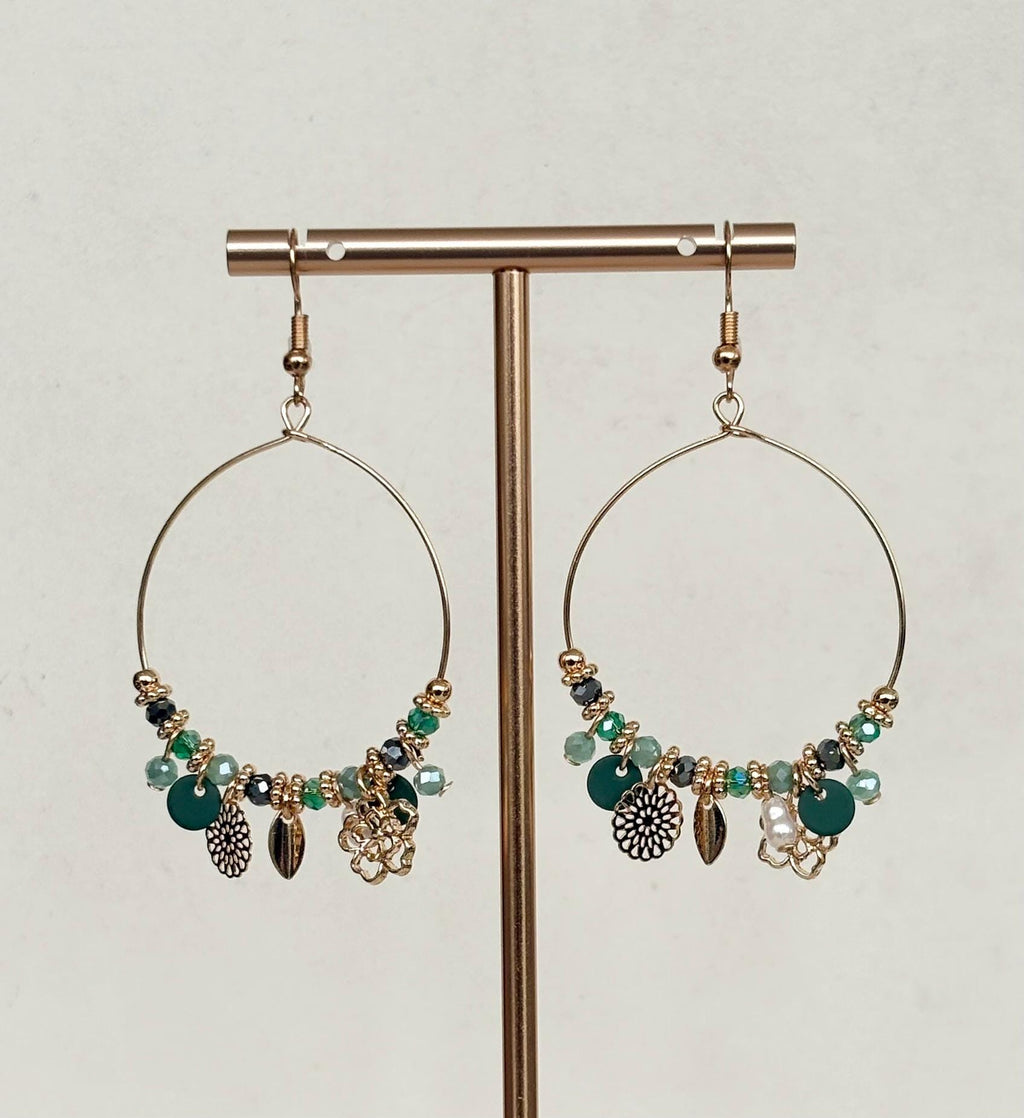 Teal and Sage Beaded Charm Hoop Earrings