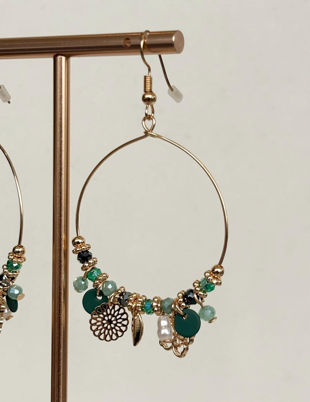 Teal and Sage Beaded Charm Hoop Earrings