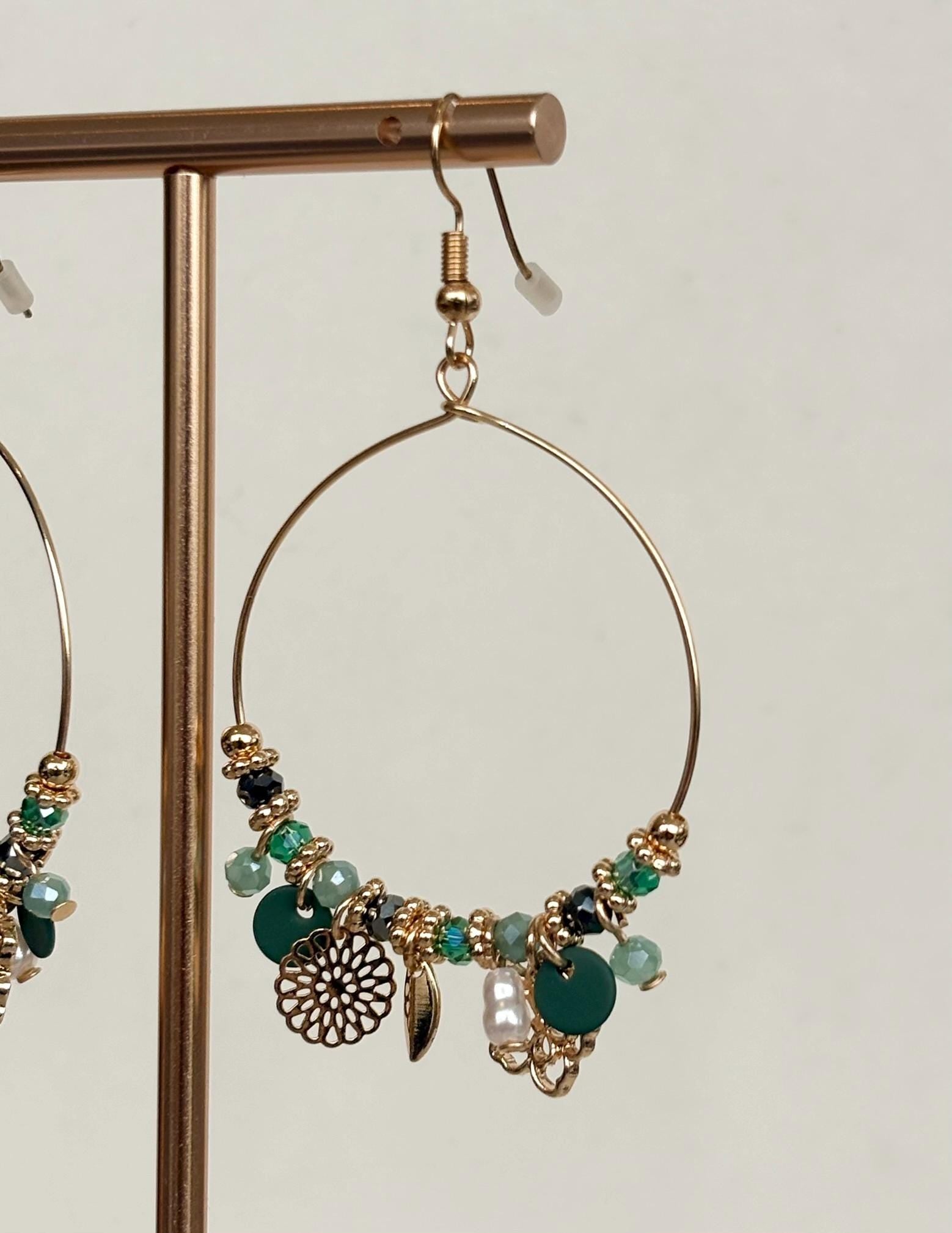 Teal and Sage Beaded Charm Hoop Earrings