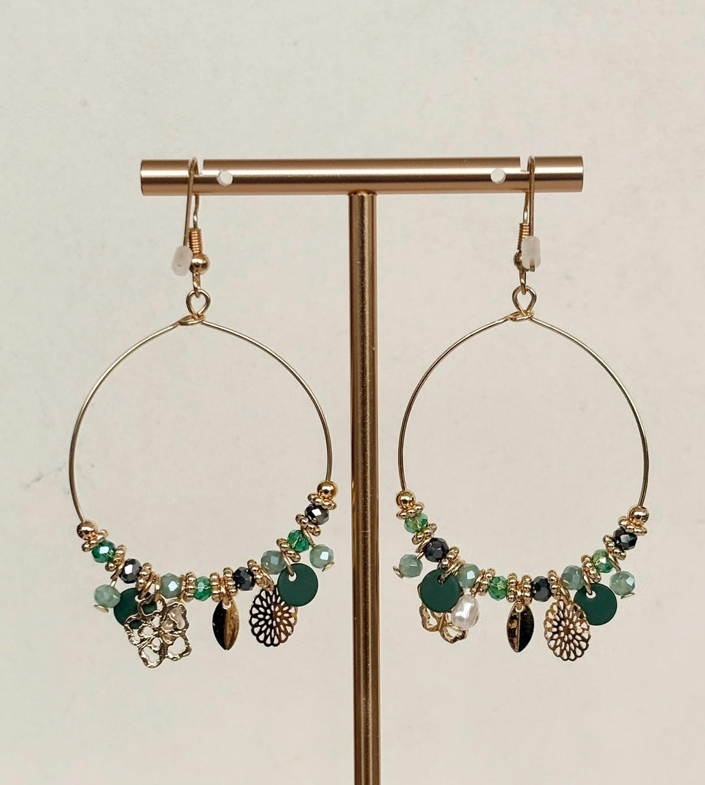 Teal and Sage Beaded Charm Hoop Earrings