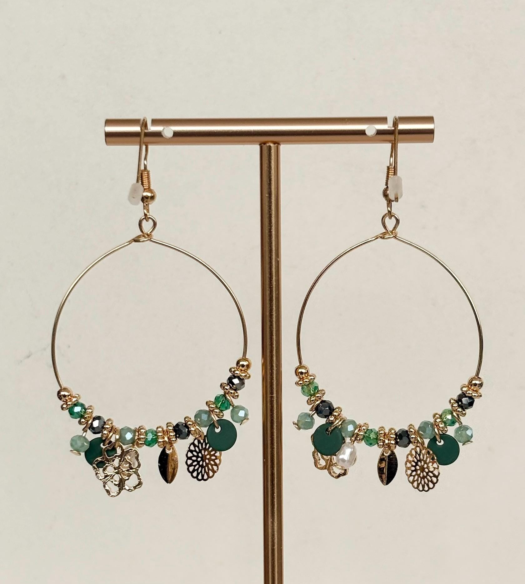 Teal and Sage Beaded Charm Hoop Earrings