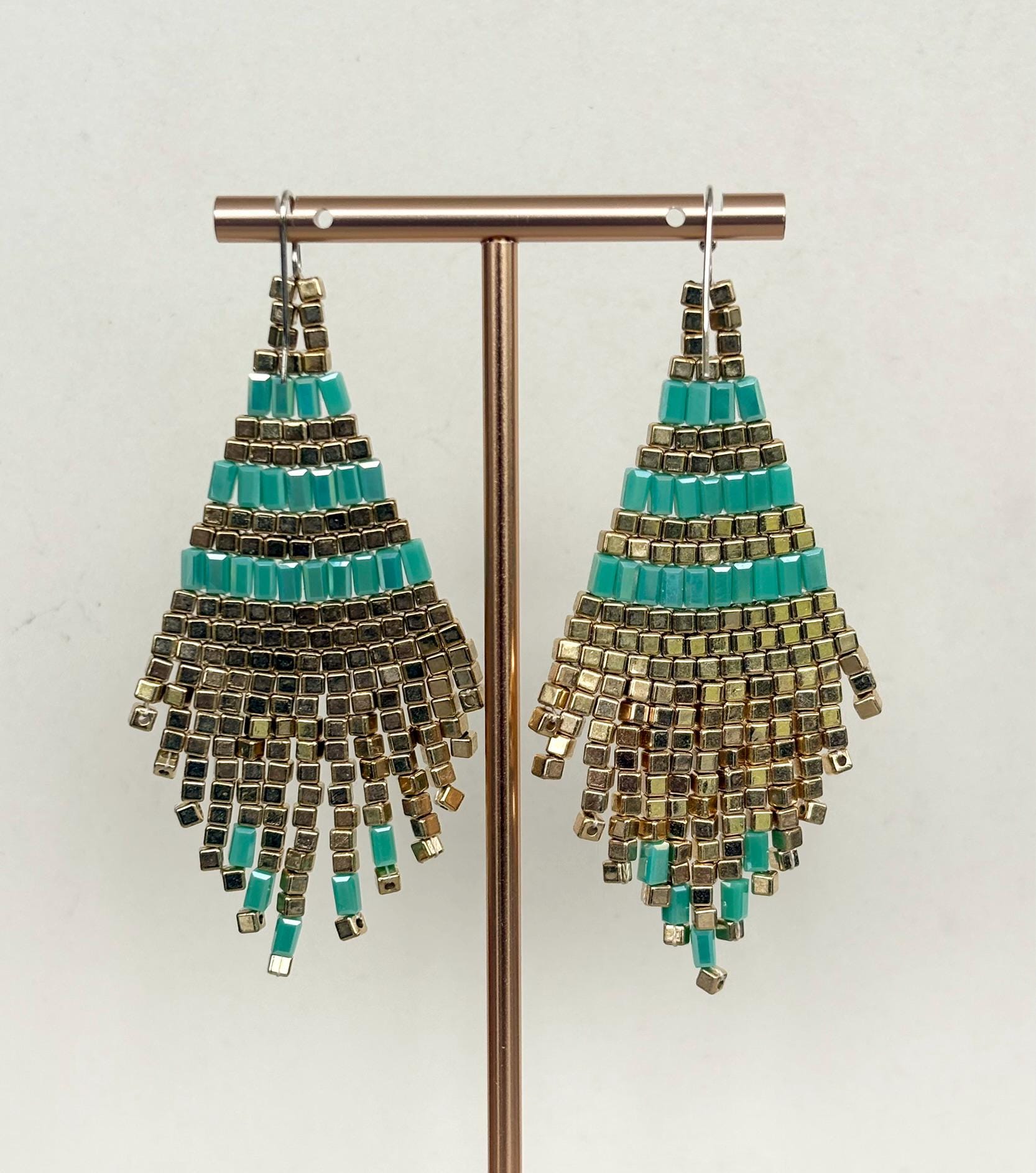 Art Deco Turquoise Gold Beaded Fringe Earrings