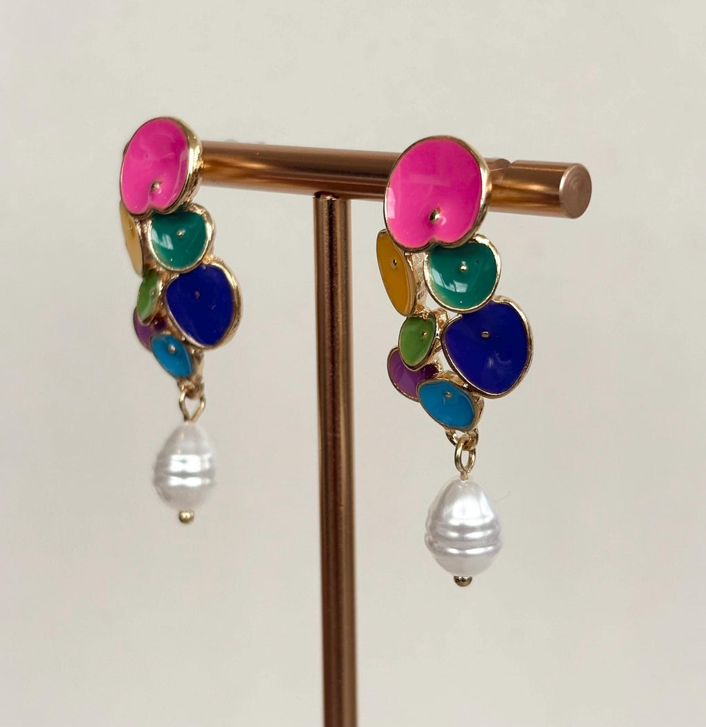 Rainbow Petal Cluster Earrings with Baroque Pearl Drops
