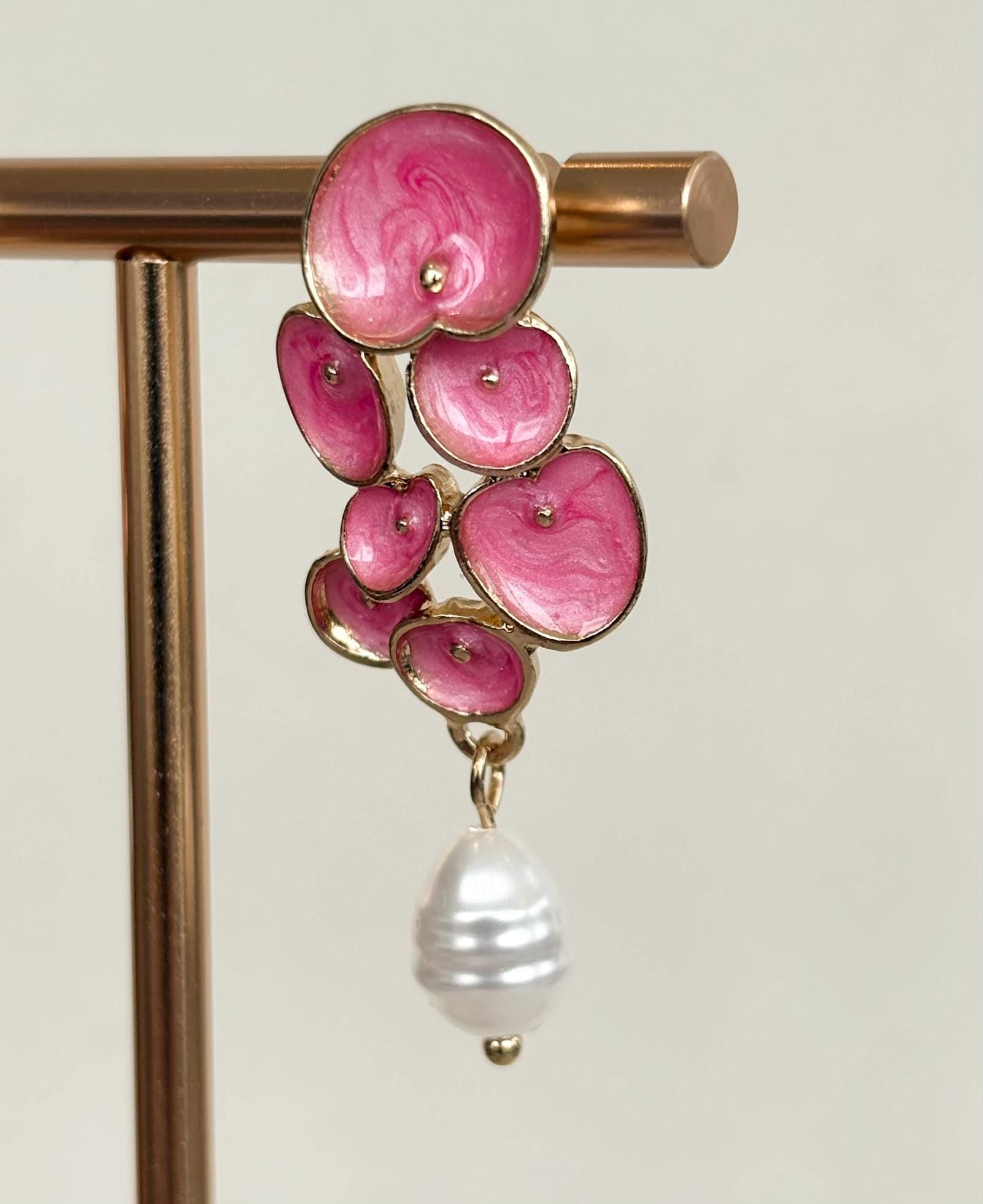 Pink Petal Cluster Earrings with Baroque Pearl Drops