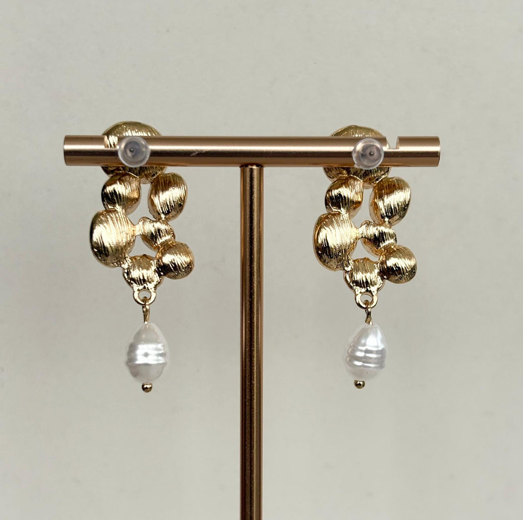 Pink Petal Cluster Earrings with Baroque Pearl Drops