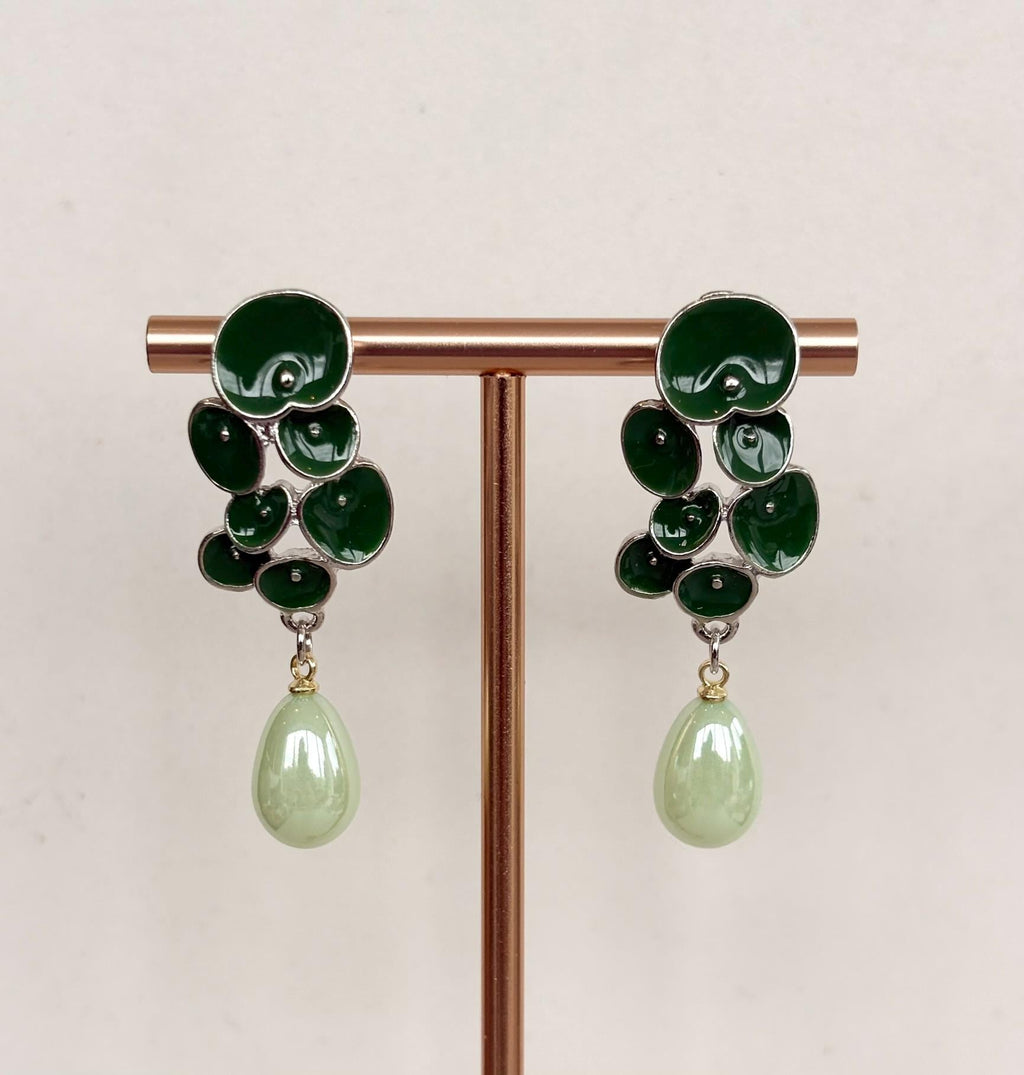 Green Petal Cluster Earrings with Mint Pearl Drops