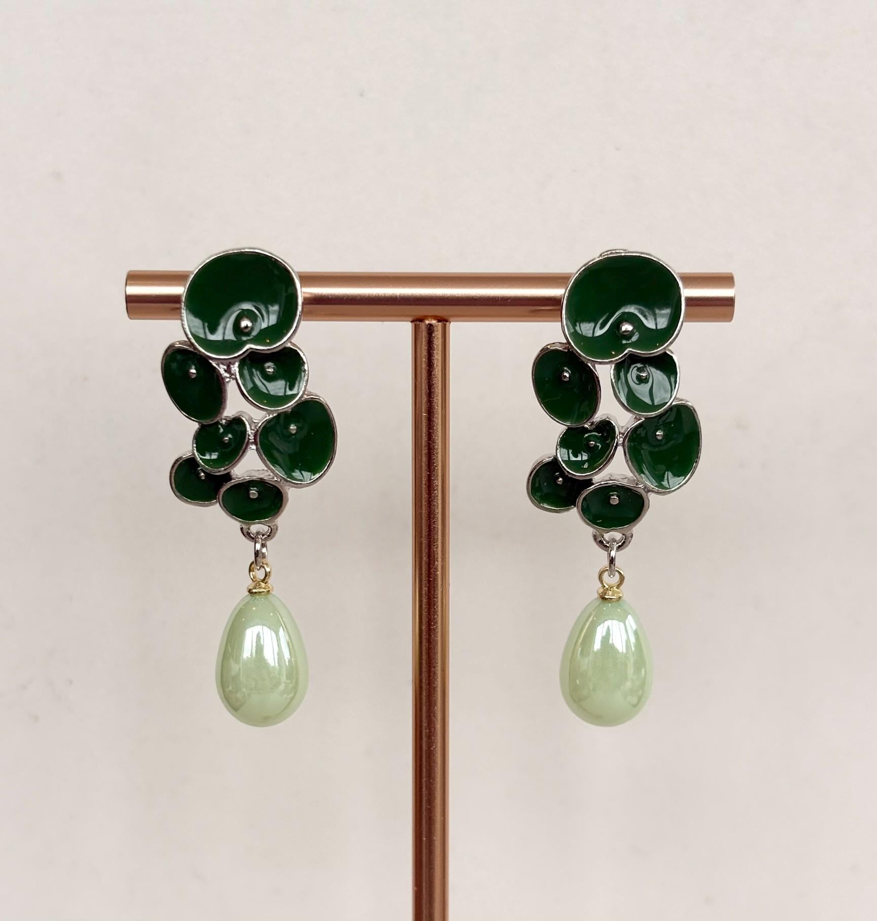 Green Petal Cluster Earrings with Mint Pearl Drops