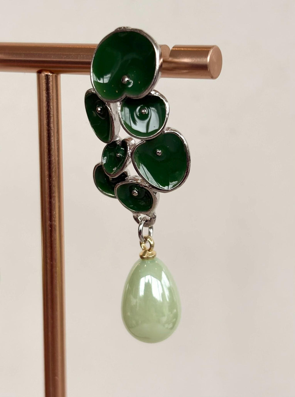Green Petal Cluster Earrings with Mint Pearl Drops