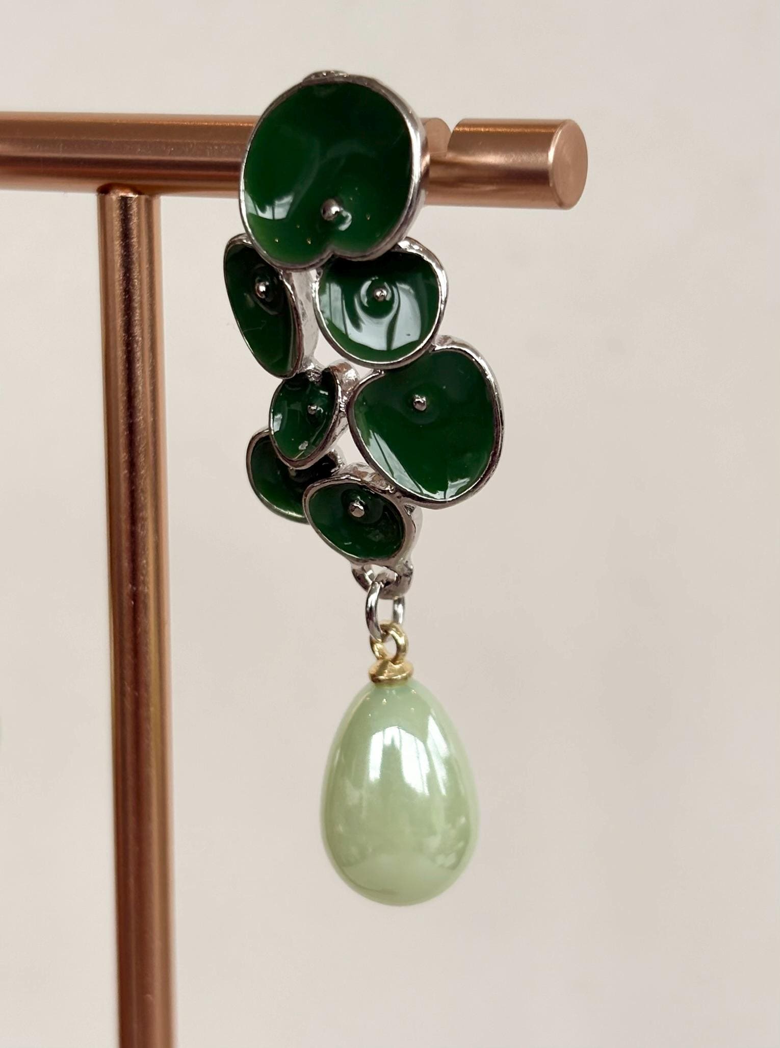 Green Petal Cluster Earrings with Mint Pearl Drops