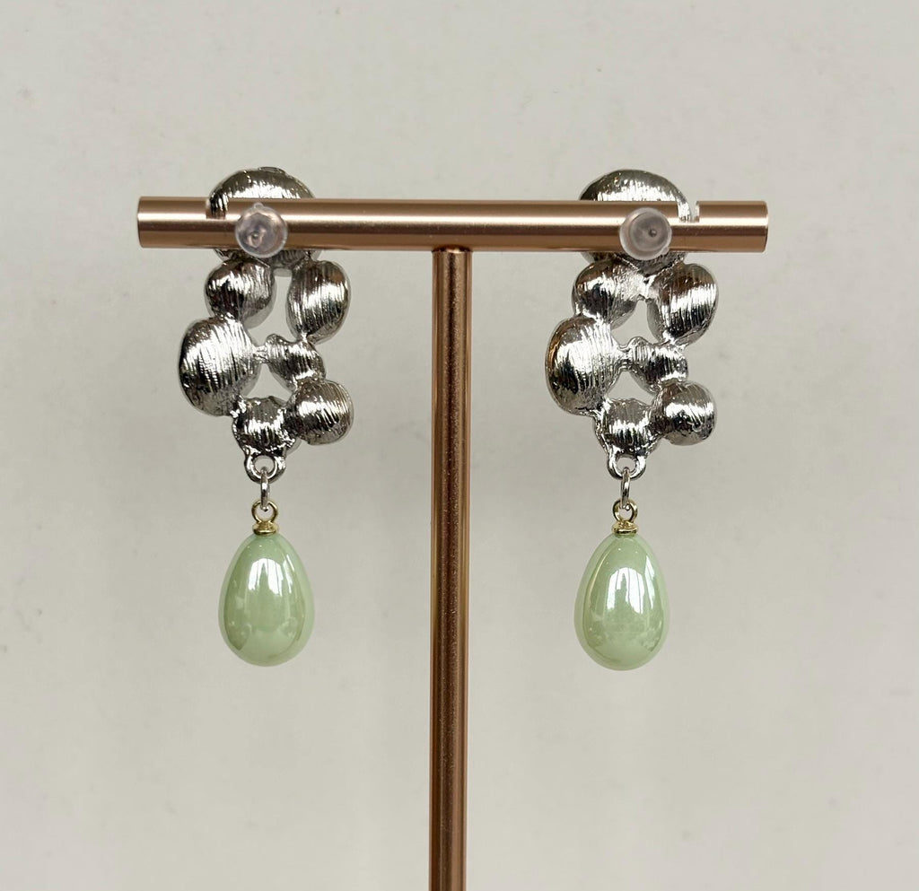Green Petal Cluster Earrings with Mint Pearl Drops