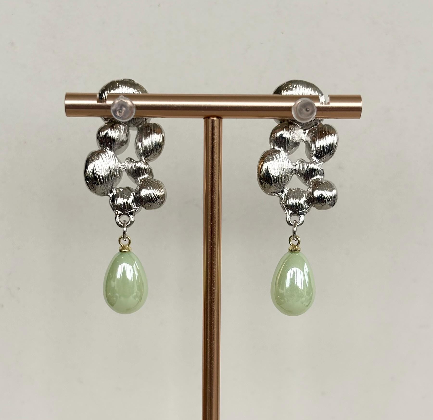 Green Petal Cluster Earrings with Mint Pearl Drops