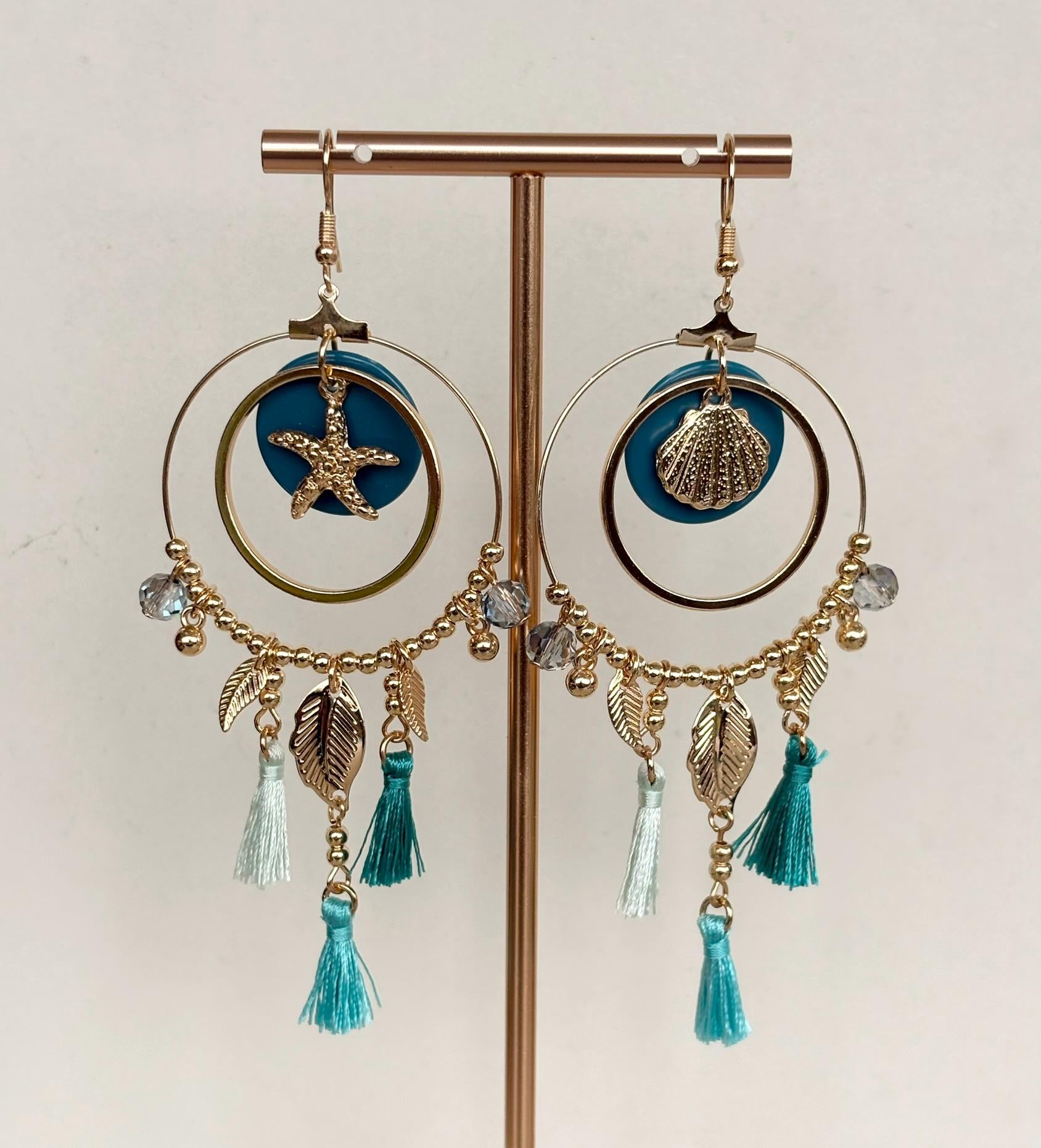 Seashell Charm Turquoise Tassel Hoop Earrings
