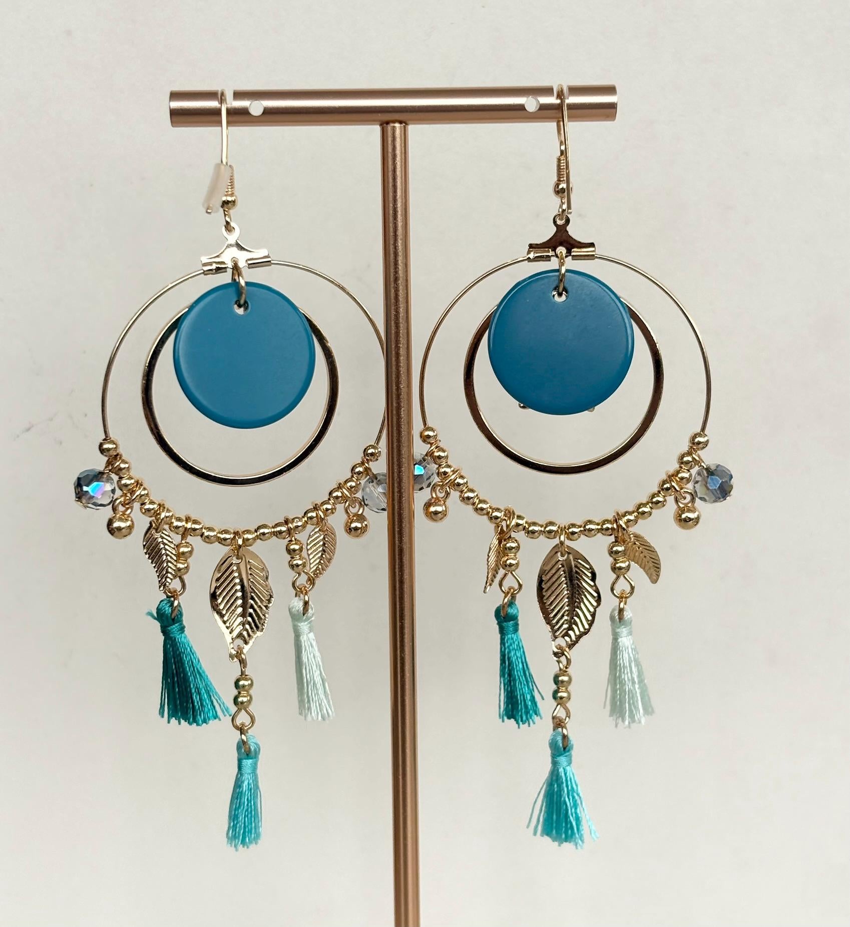 Seashell Charm Turquoise Tassel Hoop Earrings