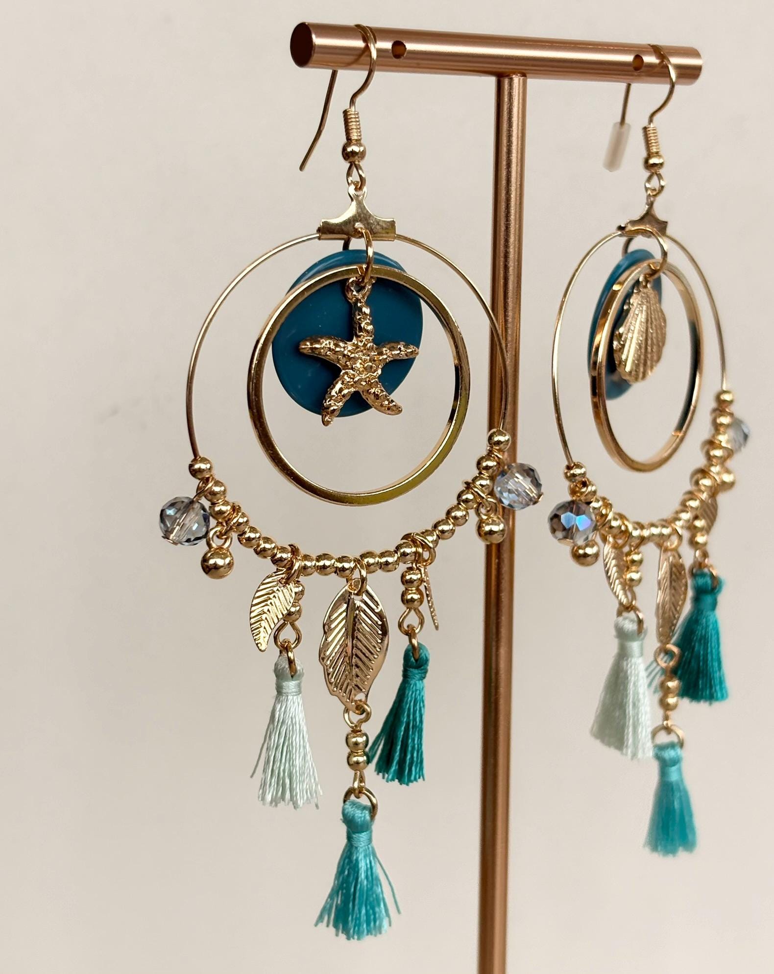 Seashell Charm Turquoise Tassel Hoop Earrings