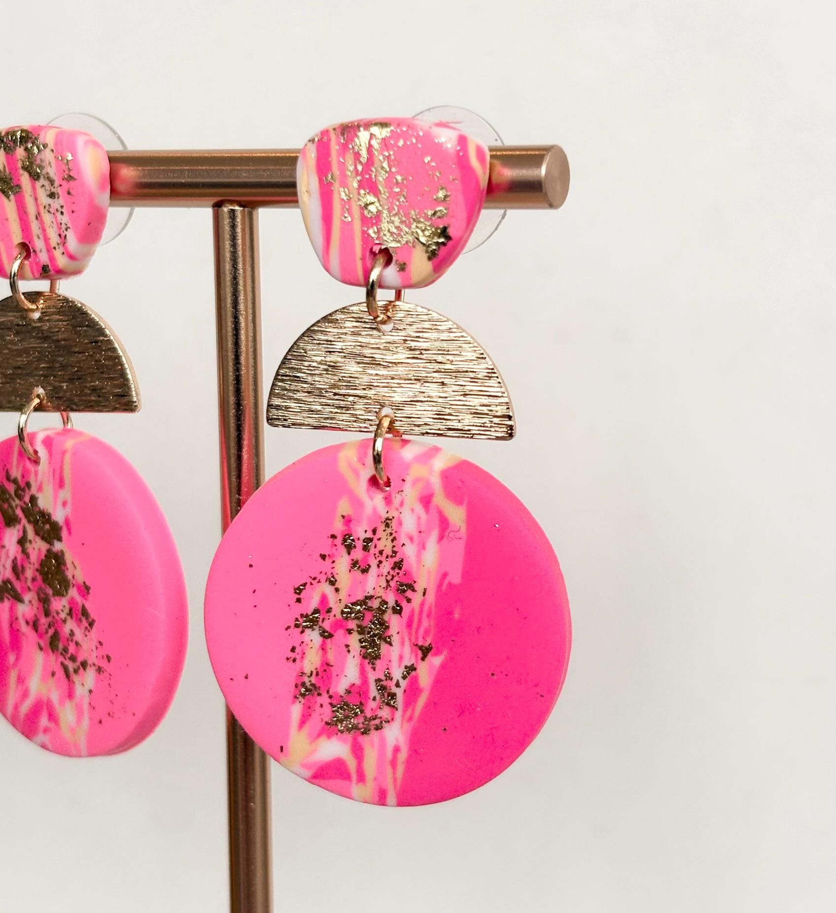 Hot Pink & Gold Marbled Polymer Clay Earrings