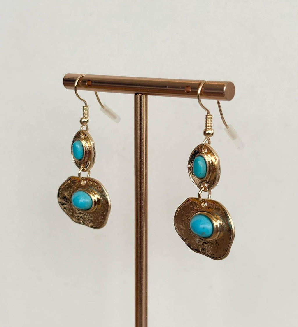 Antiqued Gold and Turquoise Cabochon Statement Drop Earrings