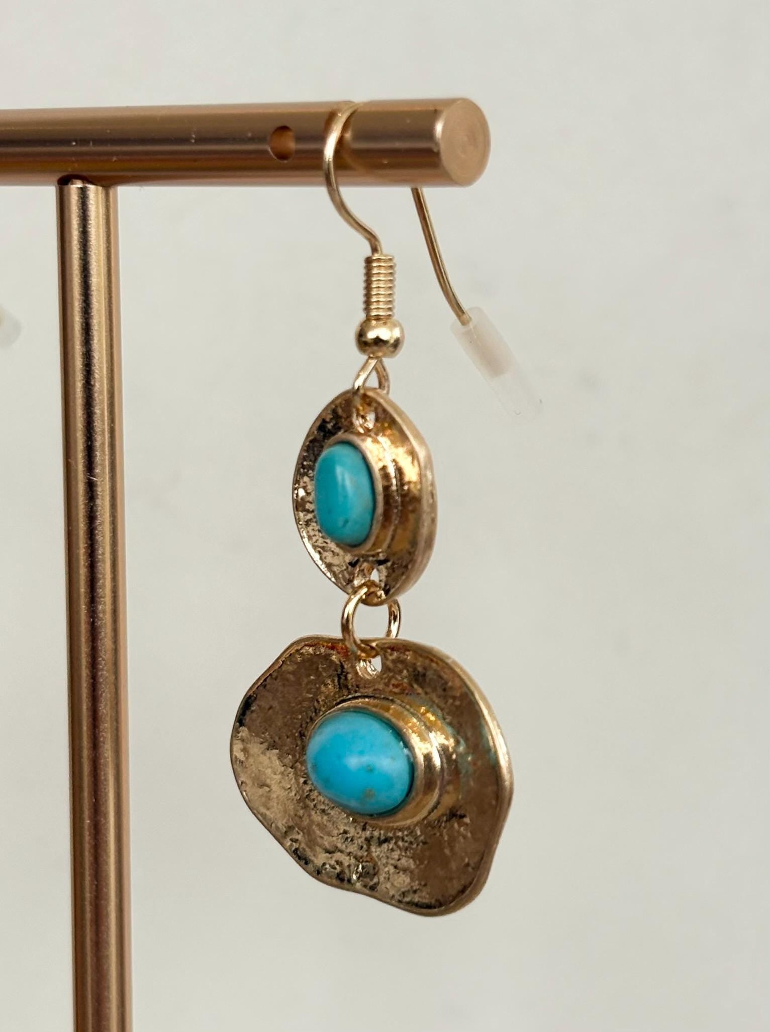 Antiqued Gold and Turquoise Cabochon Statement Drop Earrings