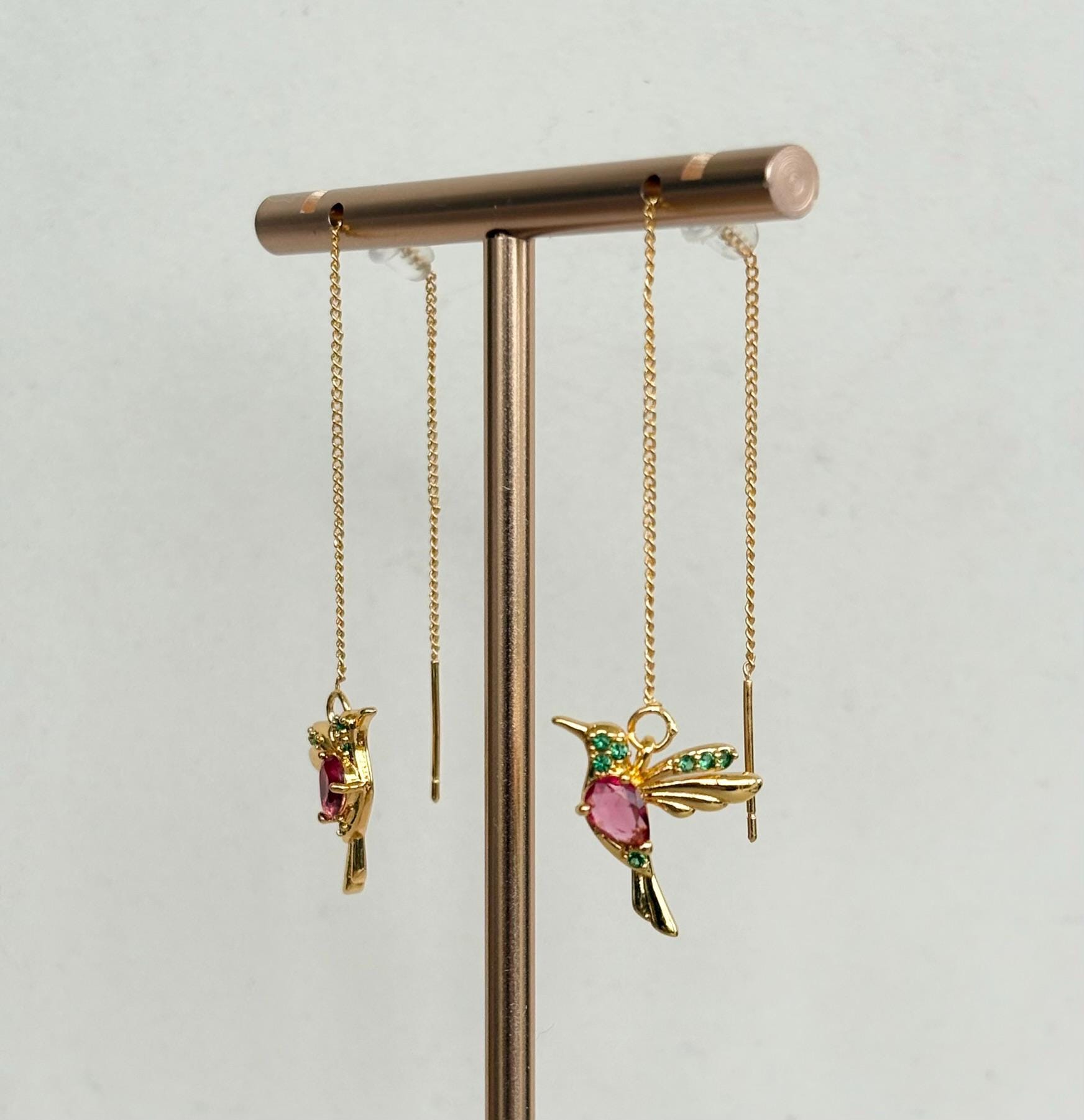 Hummingbird Crystal Threader Earrings, Pink and Green