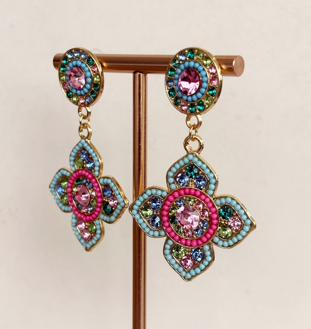 Pink Blue Green Mosaic Clover Drop Earrings