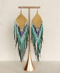 Teal & Gold Peacock Coloured Fringed Beaded Earrings