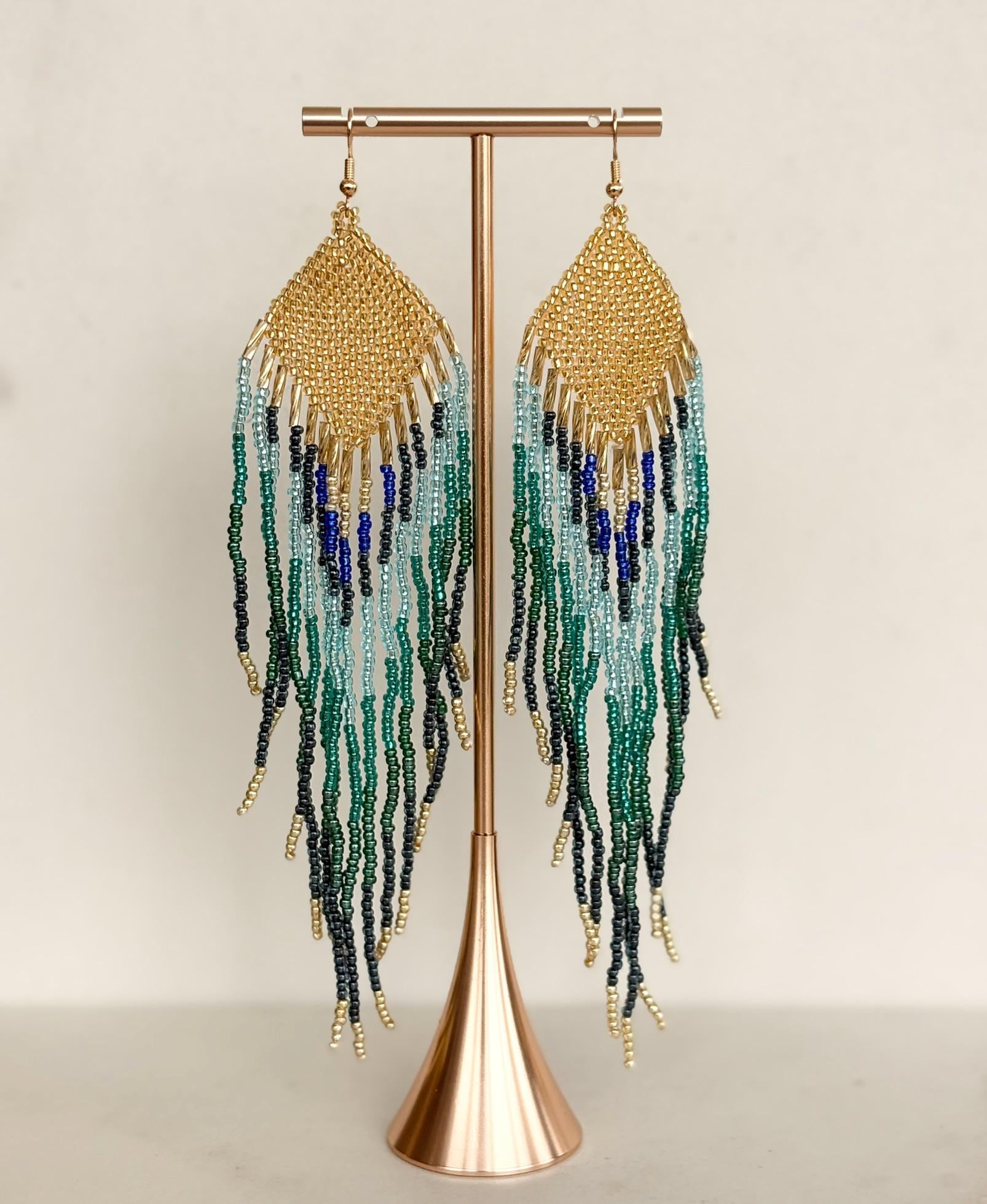Teal & Gold Peacock Coloured Fringed Beaded Earrings