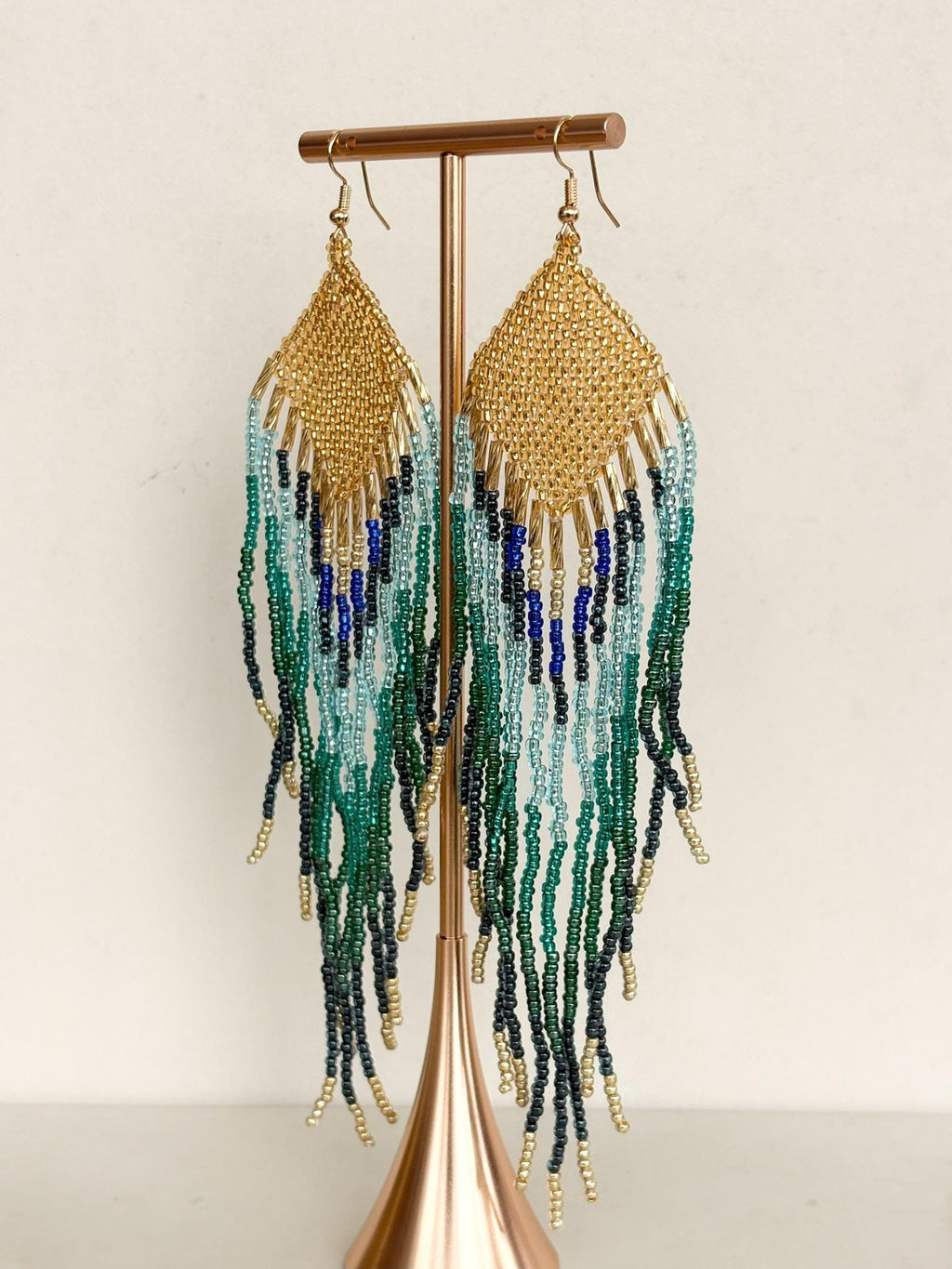 Teal & Gold Peacock Coloured Fringed Beaded Earrings