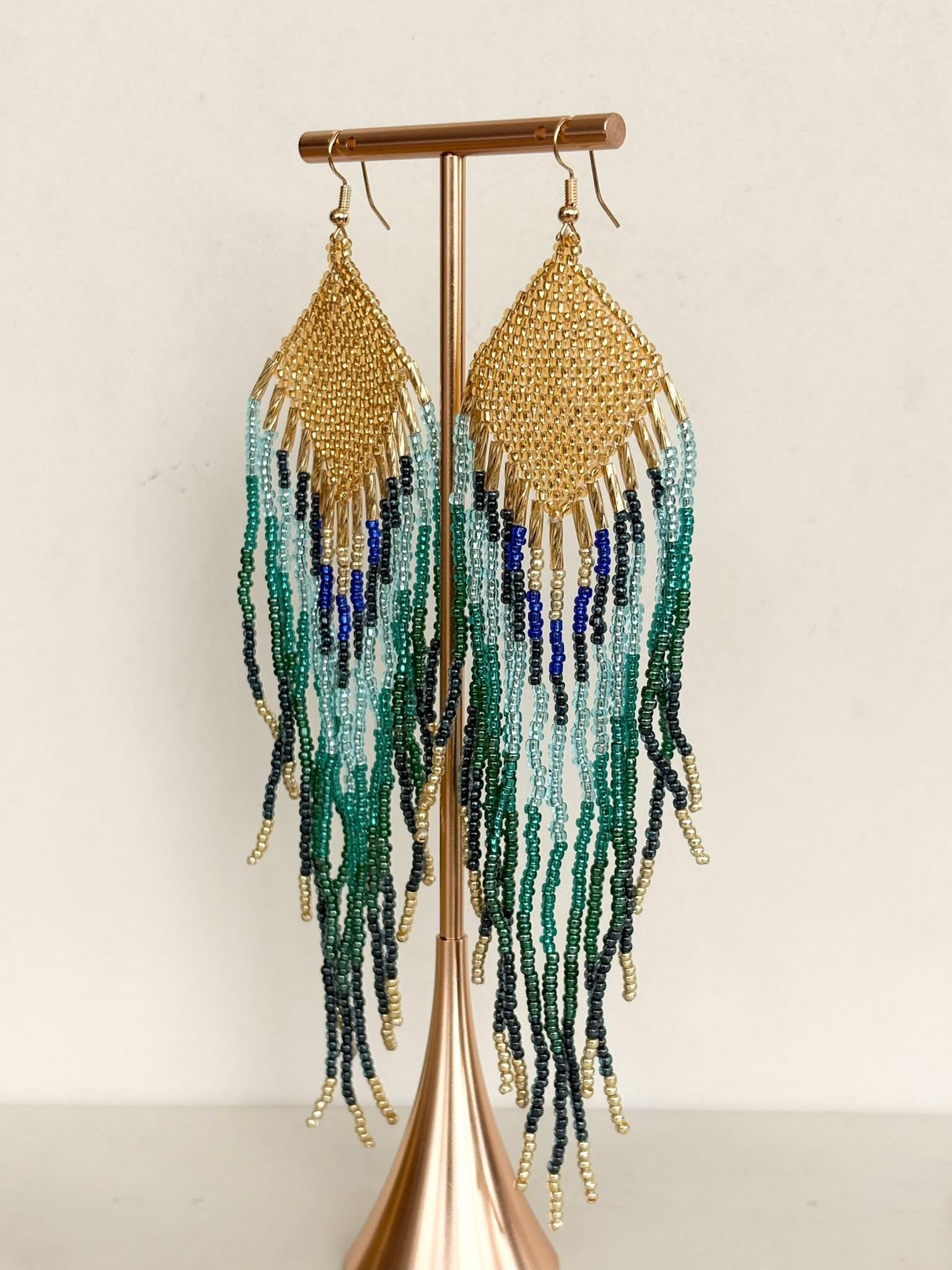 Teal & Gold Peacock Coloured Fringed Beaded Earrings