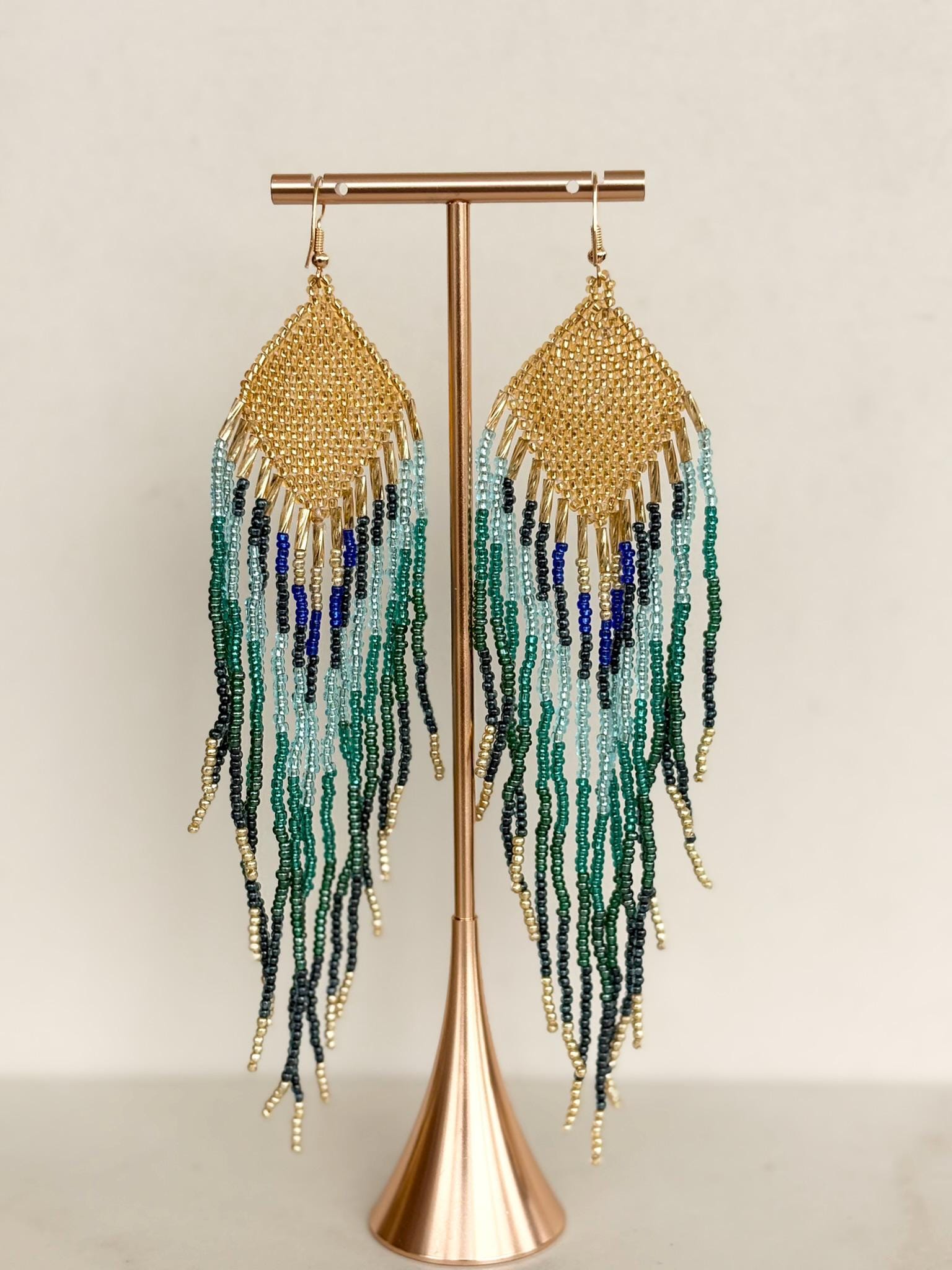 Teal & Gold Peacock Coloured Fringed Beaded Earrings