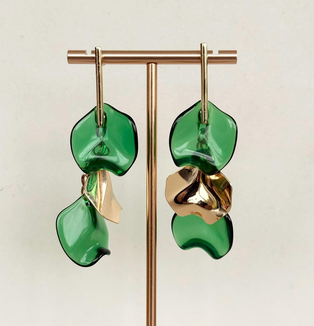 Emerald Green and Gold Petal Drop Earrings