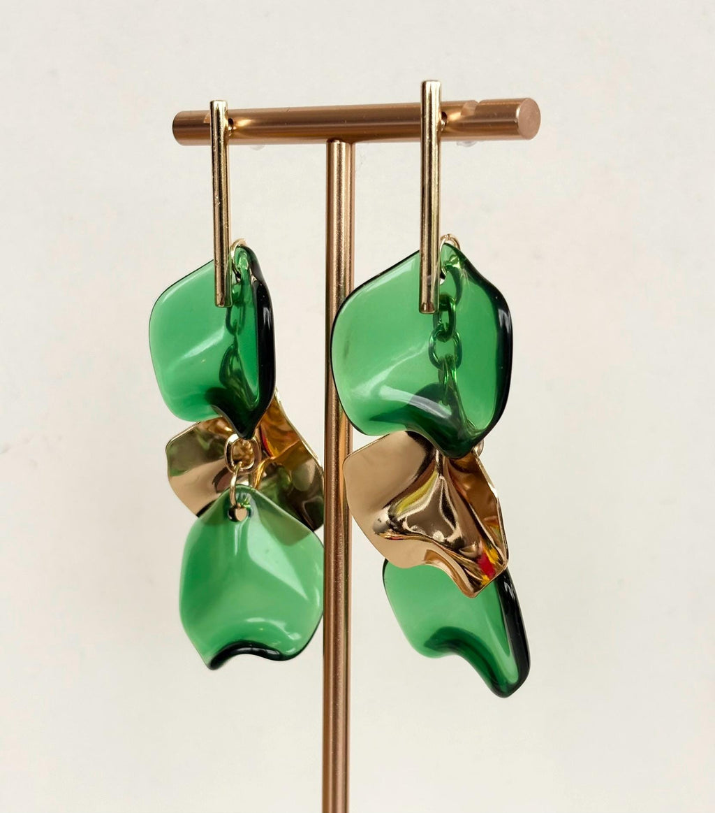 Emerald Green and Gold Petal Drop Earrings