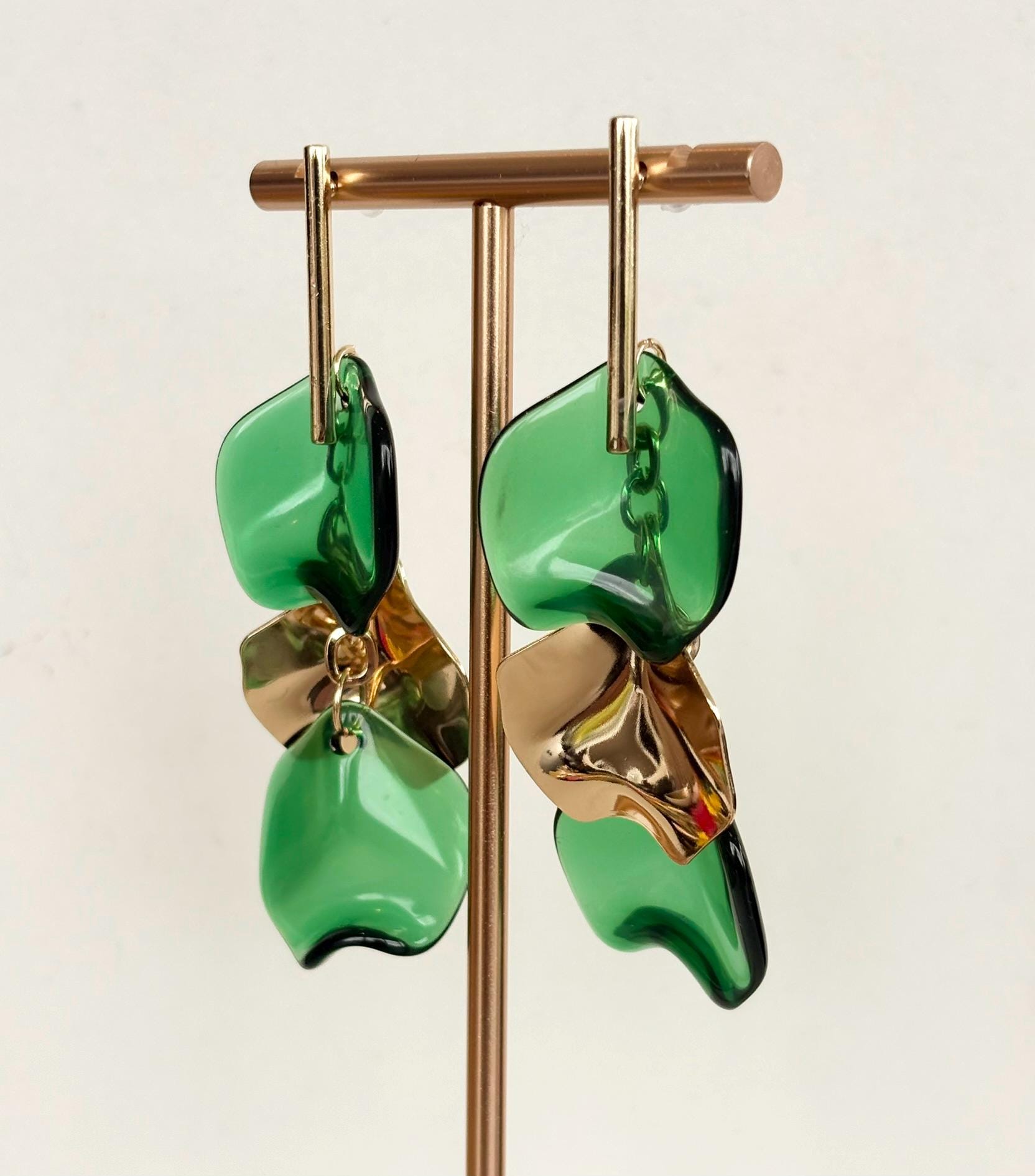 Emerald Green and Gold Petal Drop Earrings