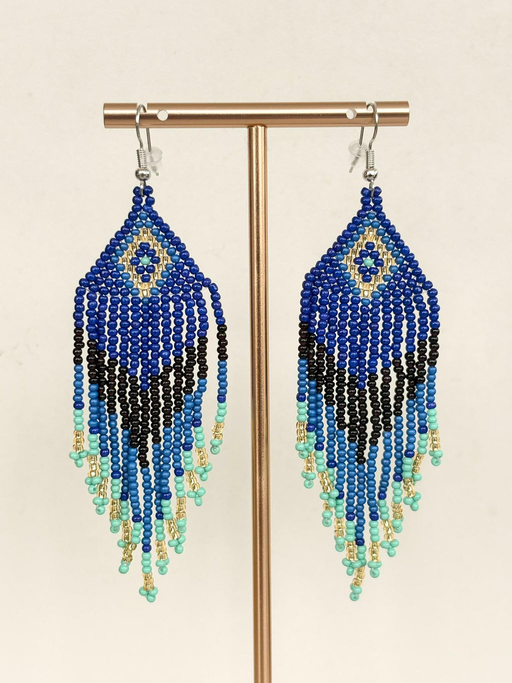 Deep Blue and Turquoise Peacock Fringe Beaded Earrings
