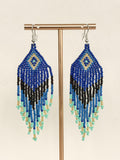 Deep Blue and Turquoise Peacock Fringe Beaded Earrings