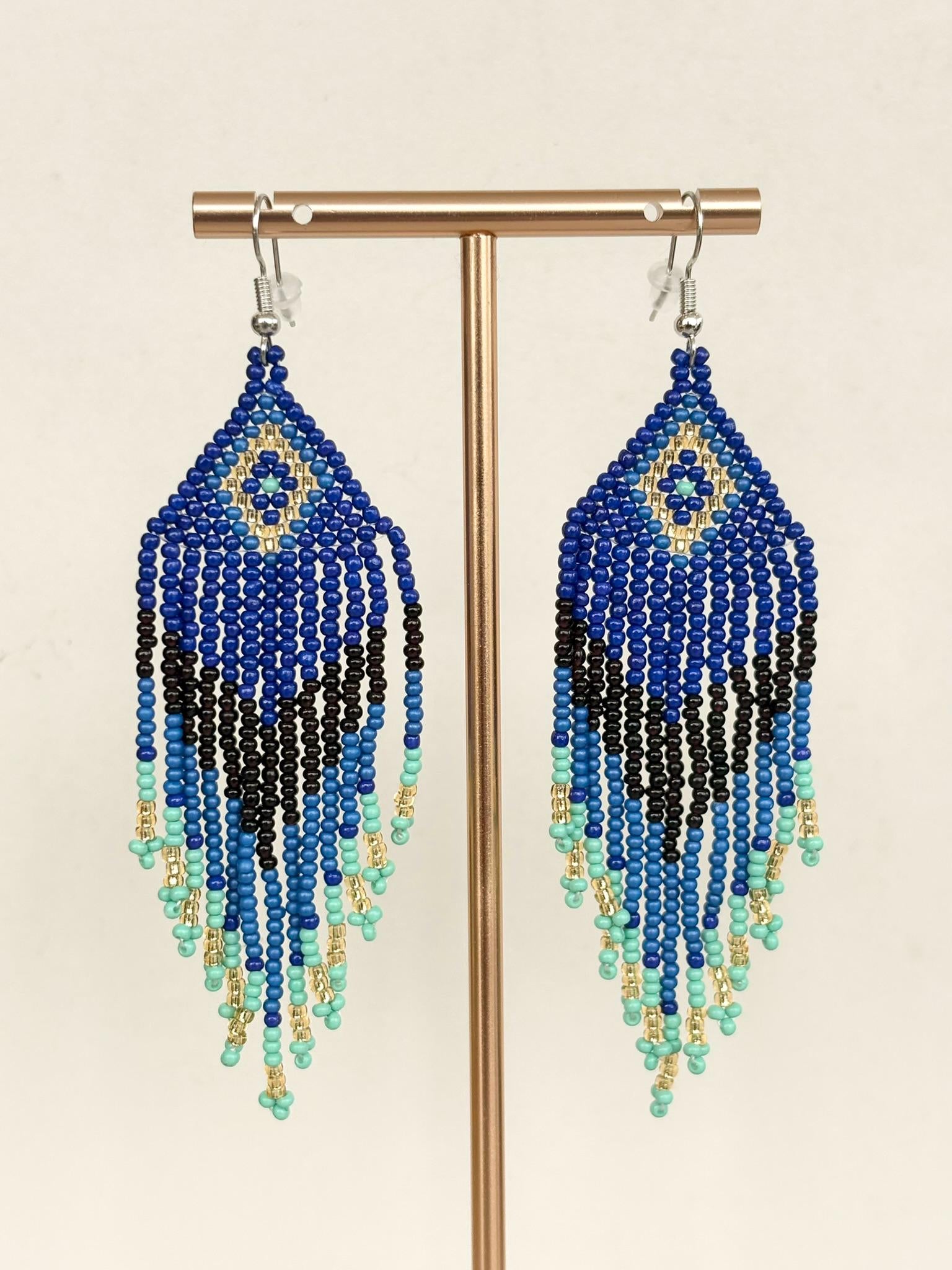 Deep Blue and Turquoise Peacock Fringe Beaded Earrings