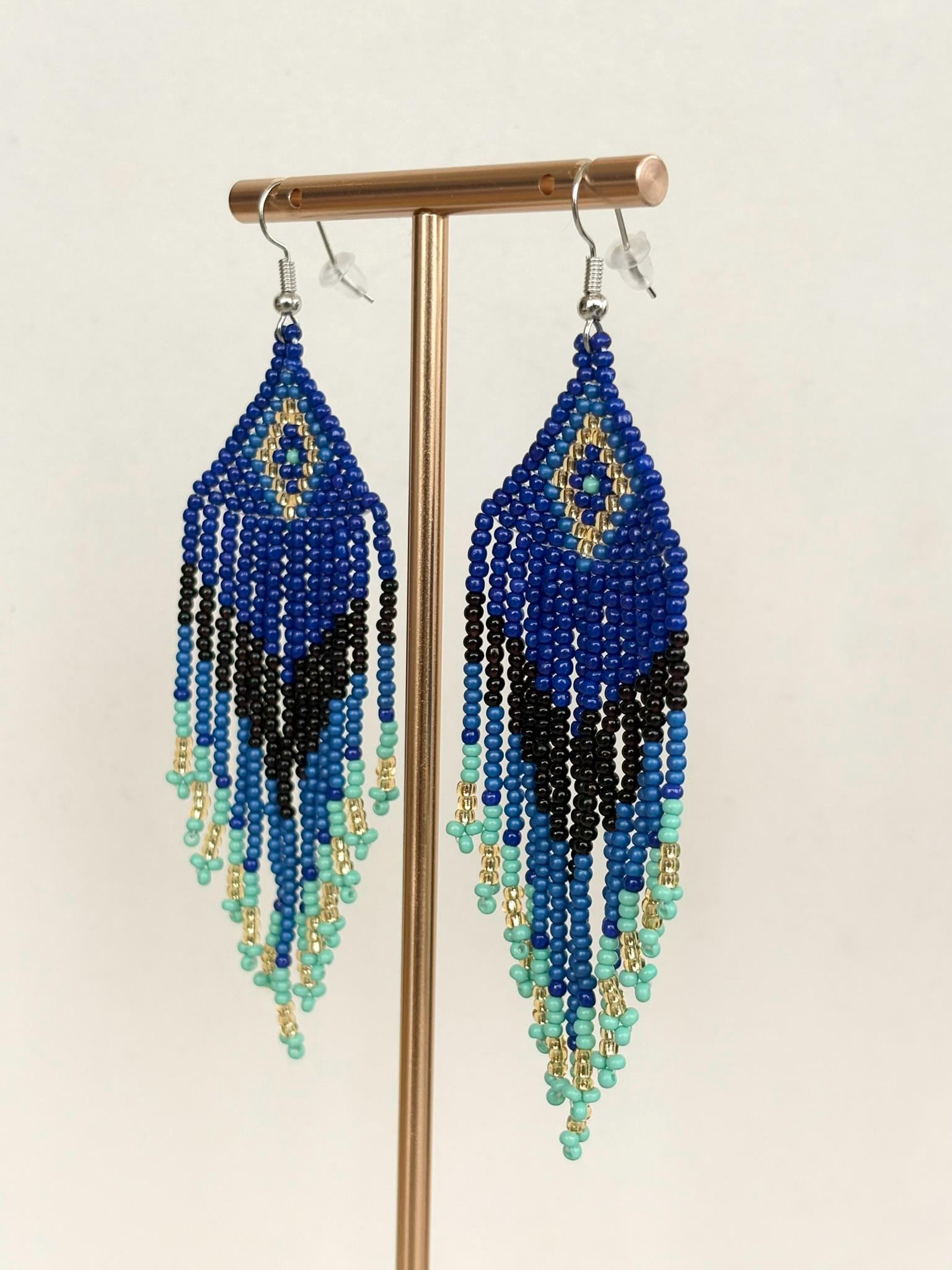 Deep Blue and Turquoise Peacock Fringe Beaded Earrings