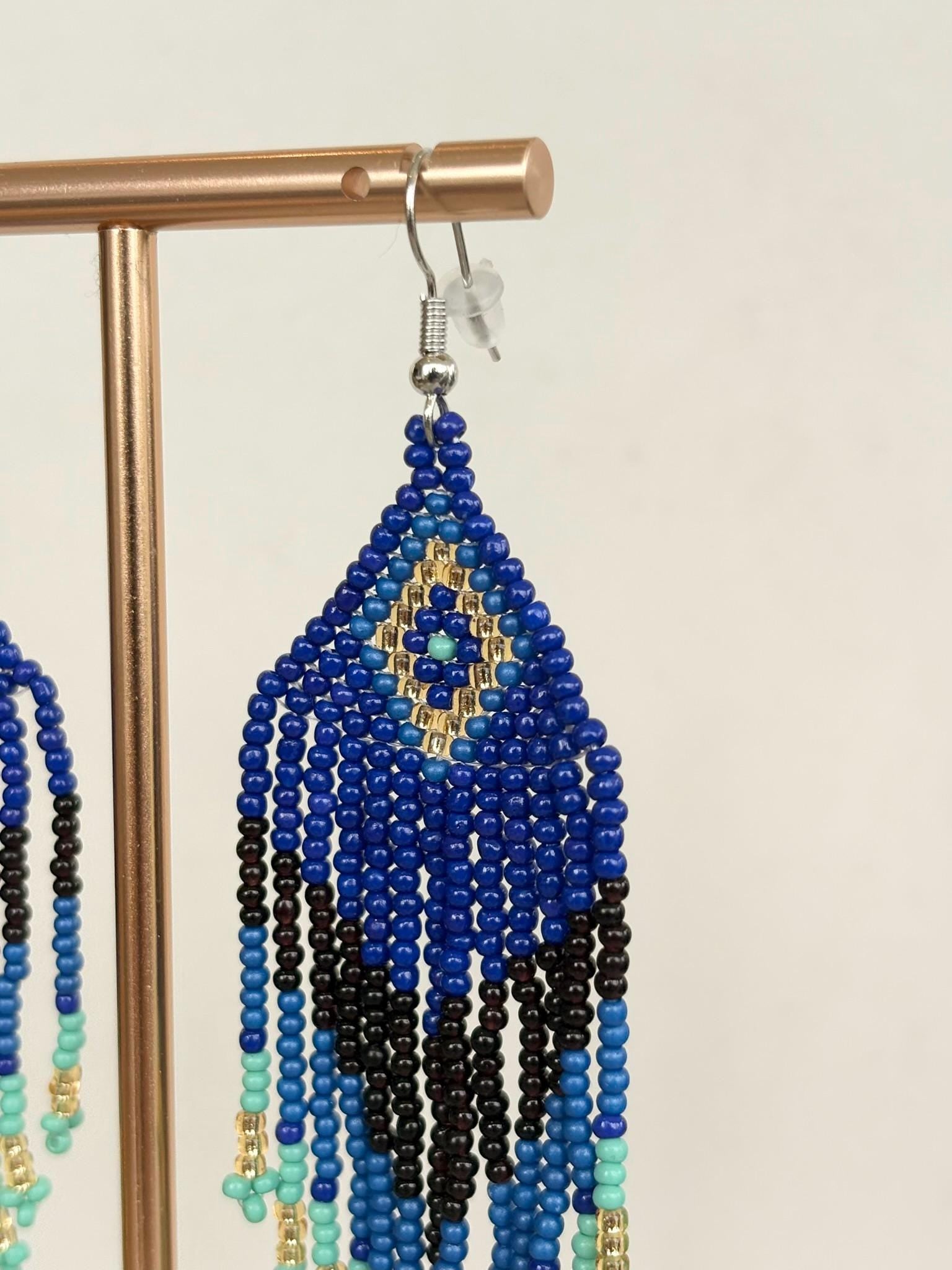 Deep Blue and Turquoise Peacock Fringe Beaded Earrings