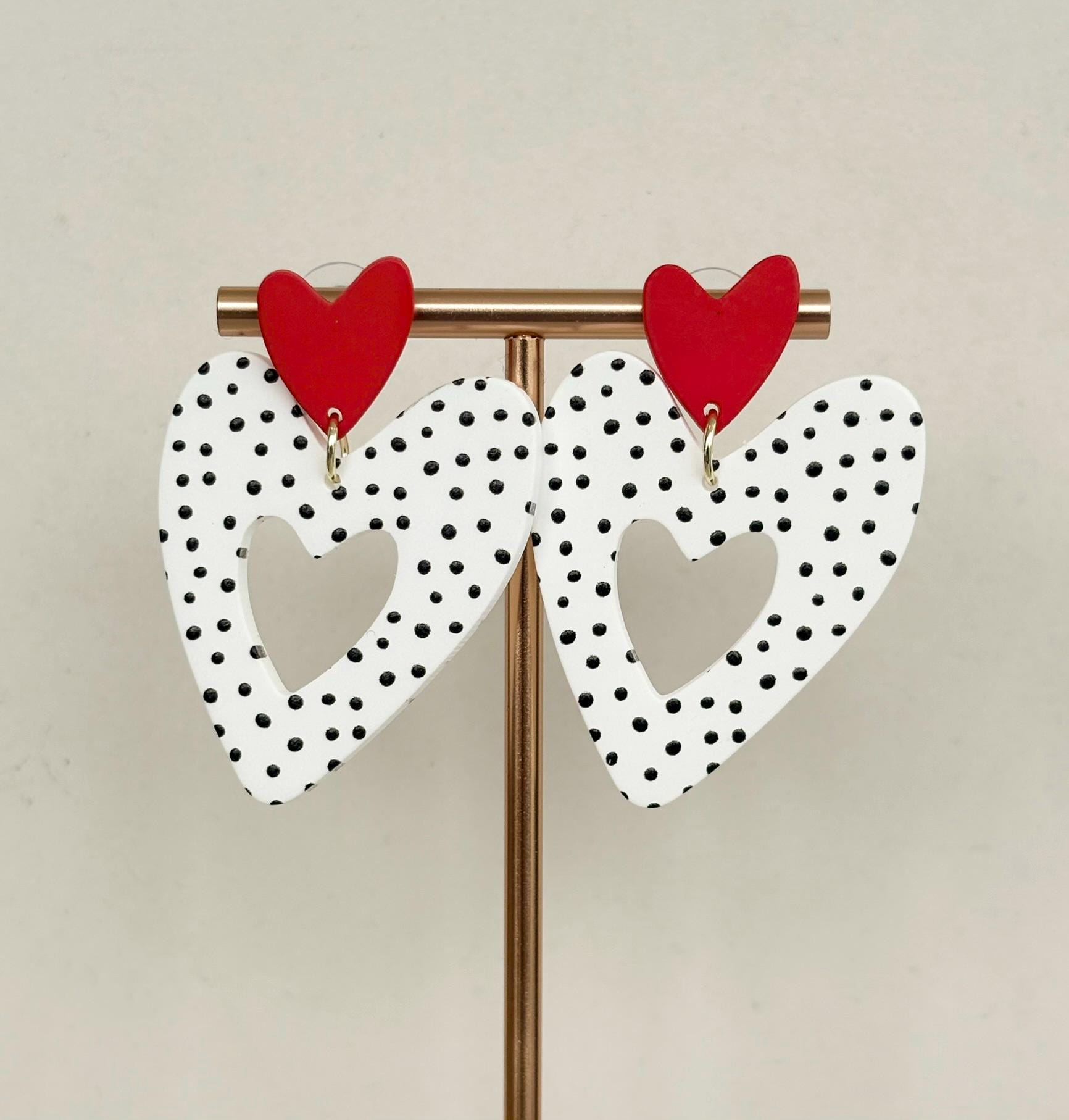Red Heart on Black and White Polka Dot Heart Drop Earrings