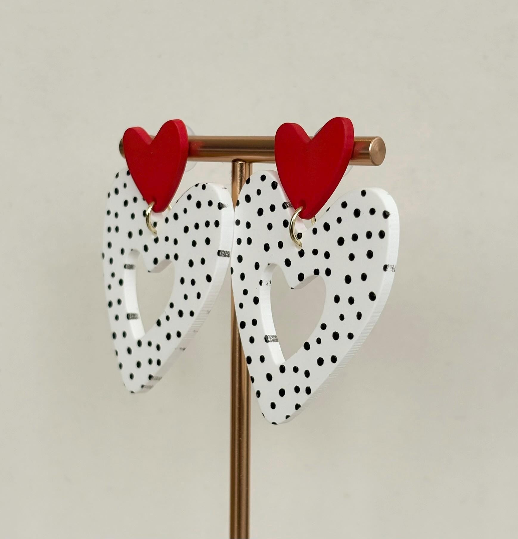 Red Heart on Black and White Polka Dot Heart Drop Earrings