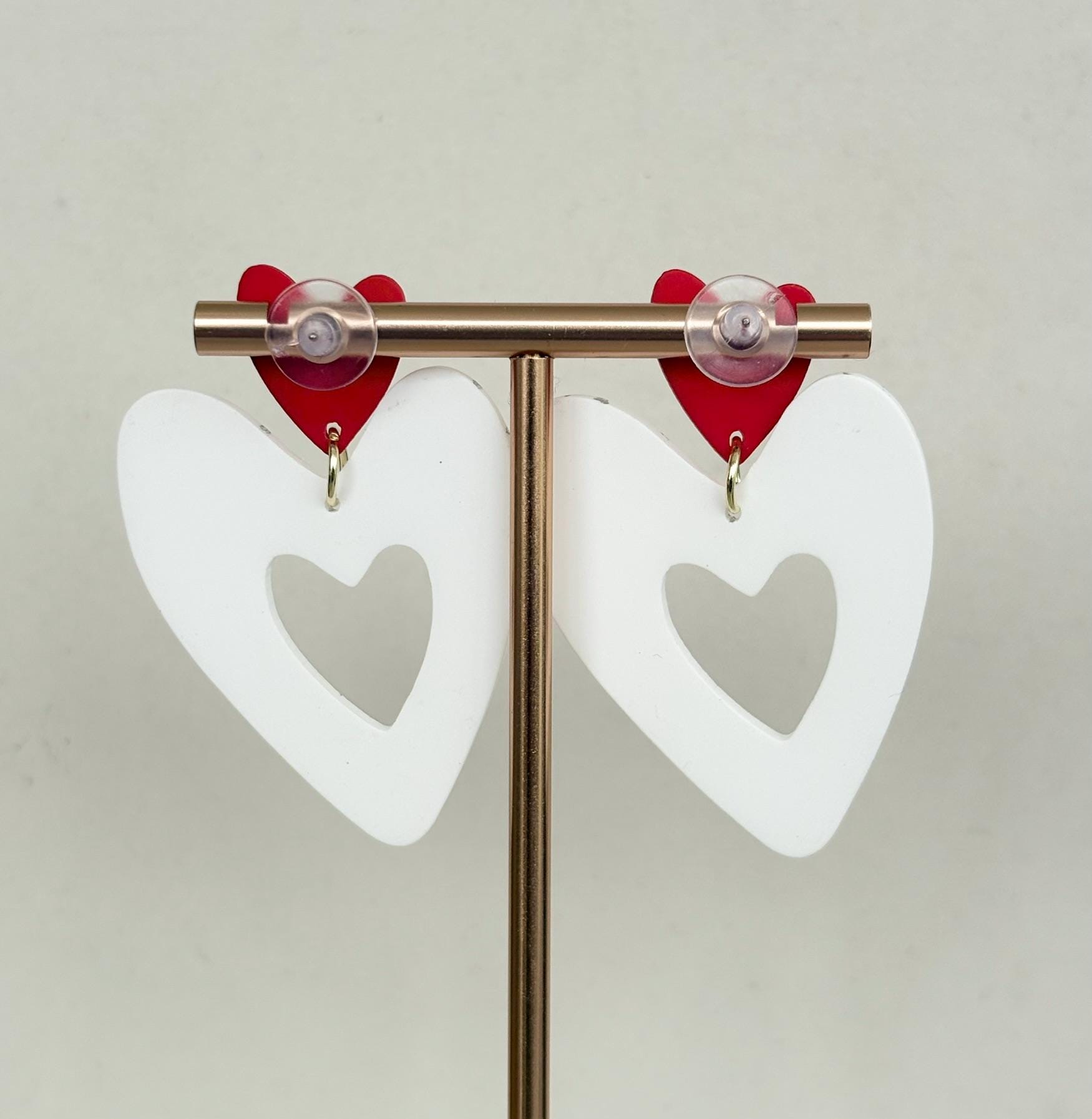 Red Heart on Black and White Polka Dot Heart Drop Earrings