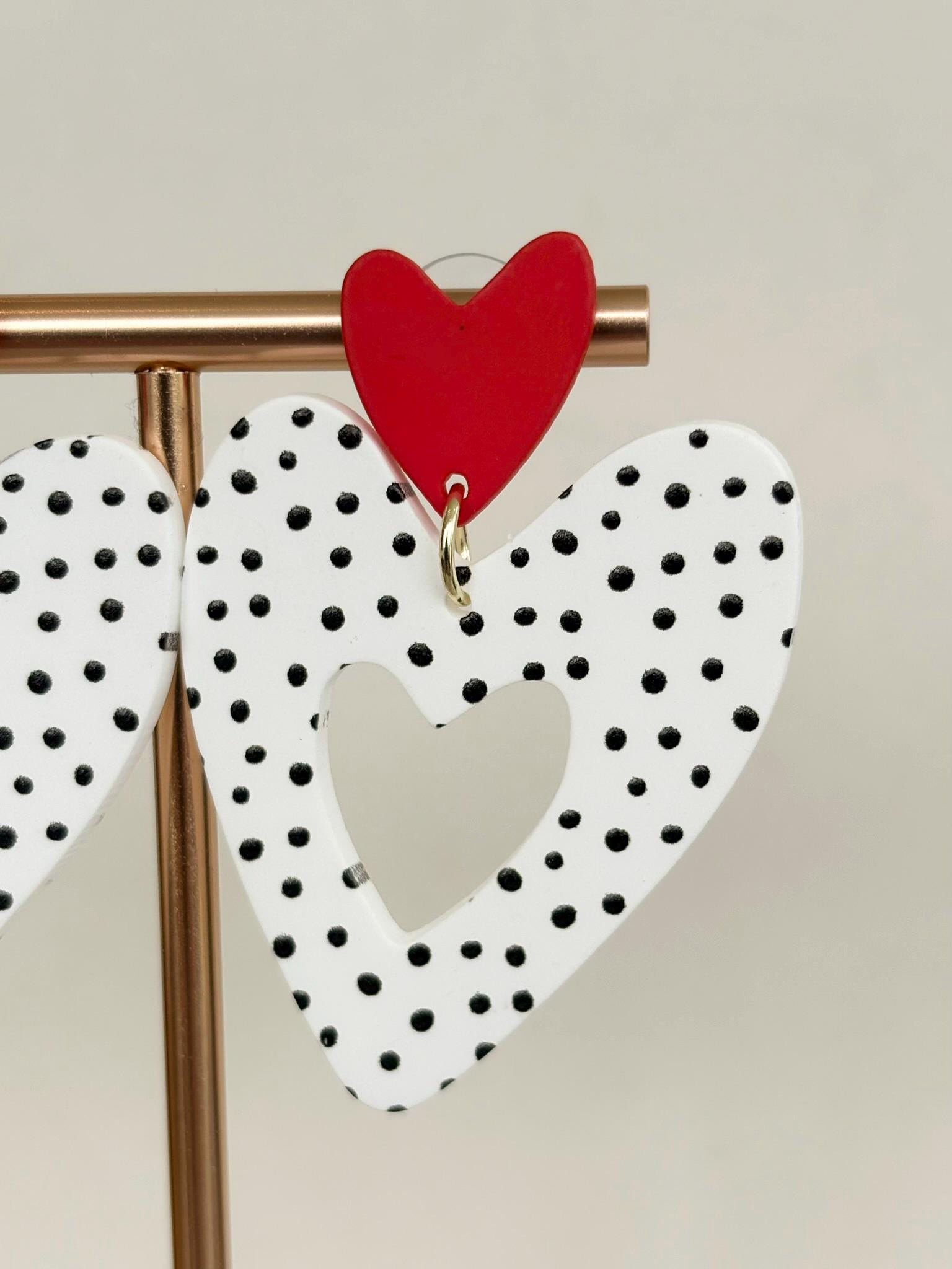 Red Heart on Black and White Polka Dot Heart Drop Earrings