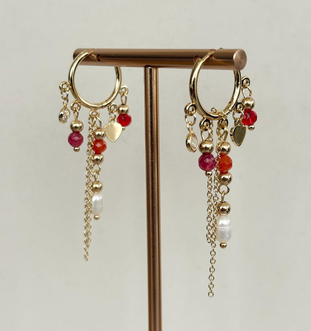 Gold Huggie Hoop Earrings with Mixed Gemstone Charms